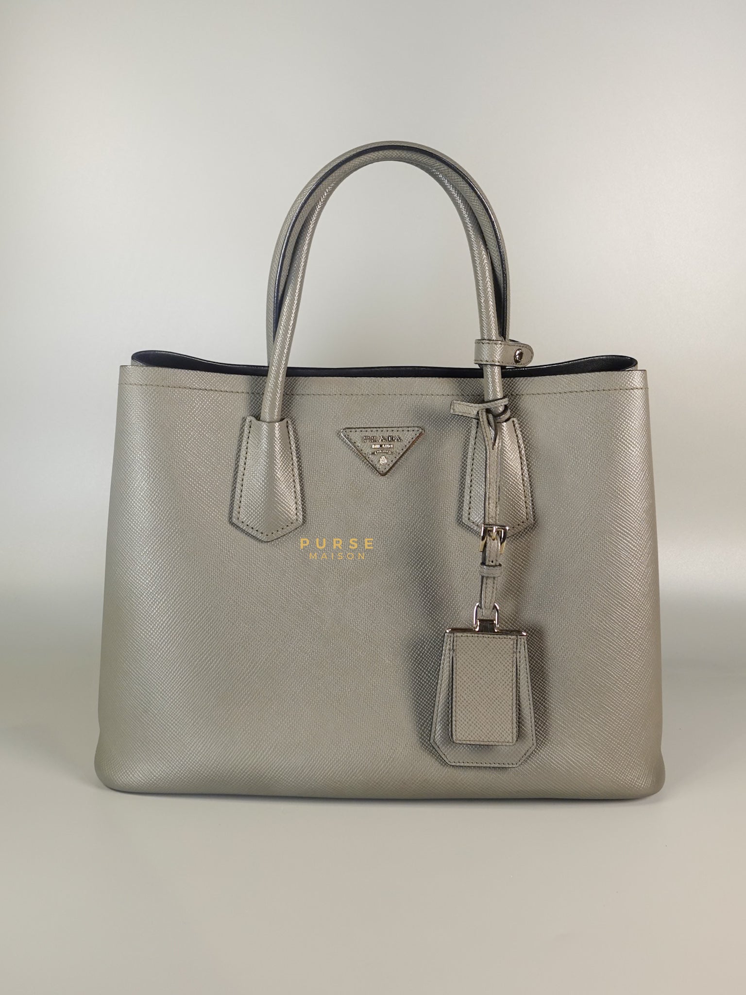 Medium Saffiano Cuir Leather Gray Double Bag | Purse Maison Luxury Bags Shop