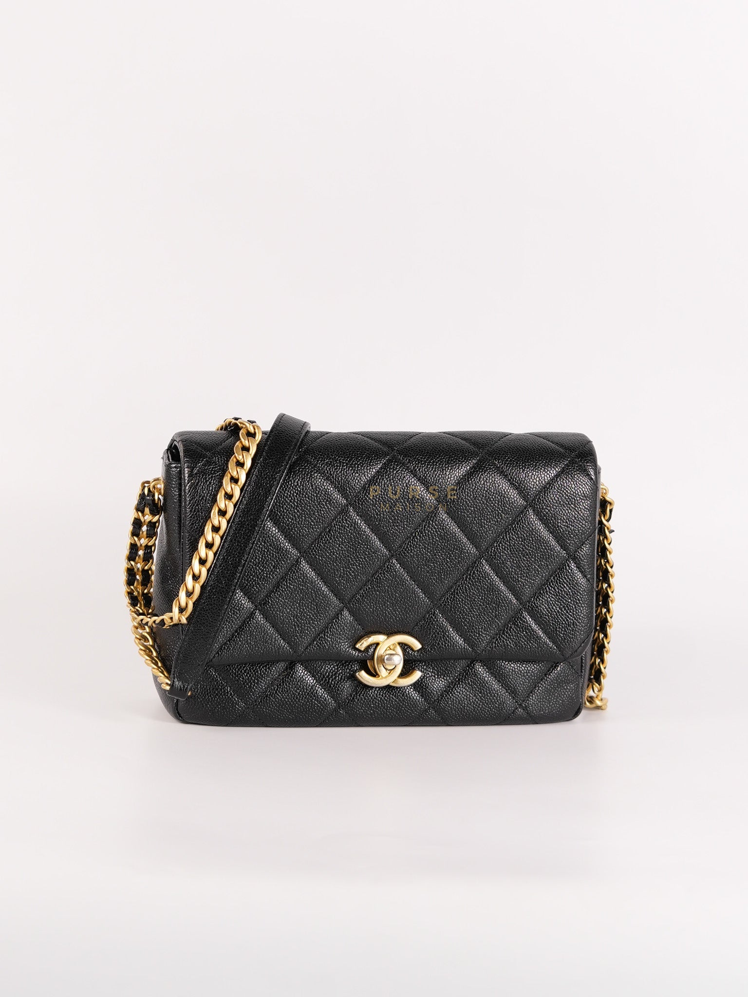 Melody Flap Bag in Shiny Caviar Leather and Aged Gold Hardware (Microchip) | Purse Maison Luxury Bags Shop