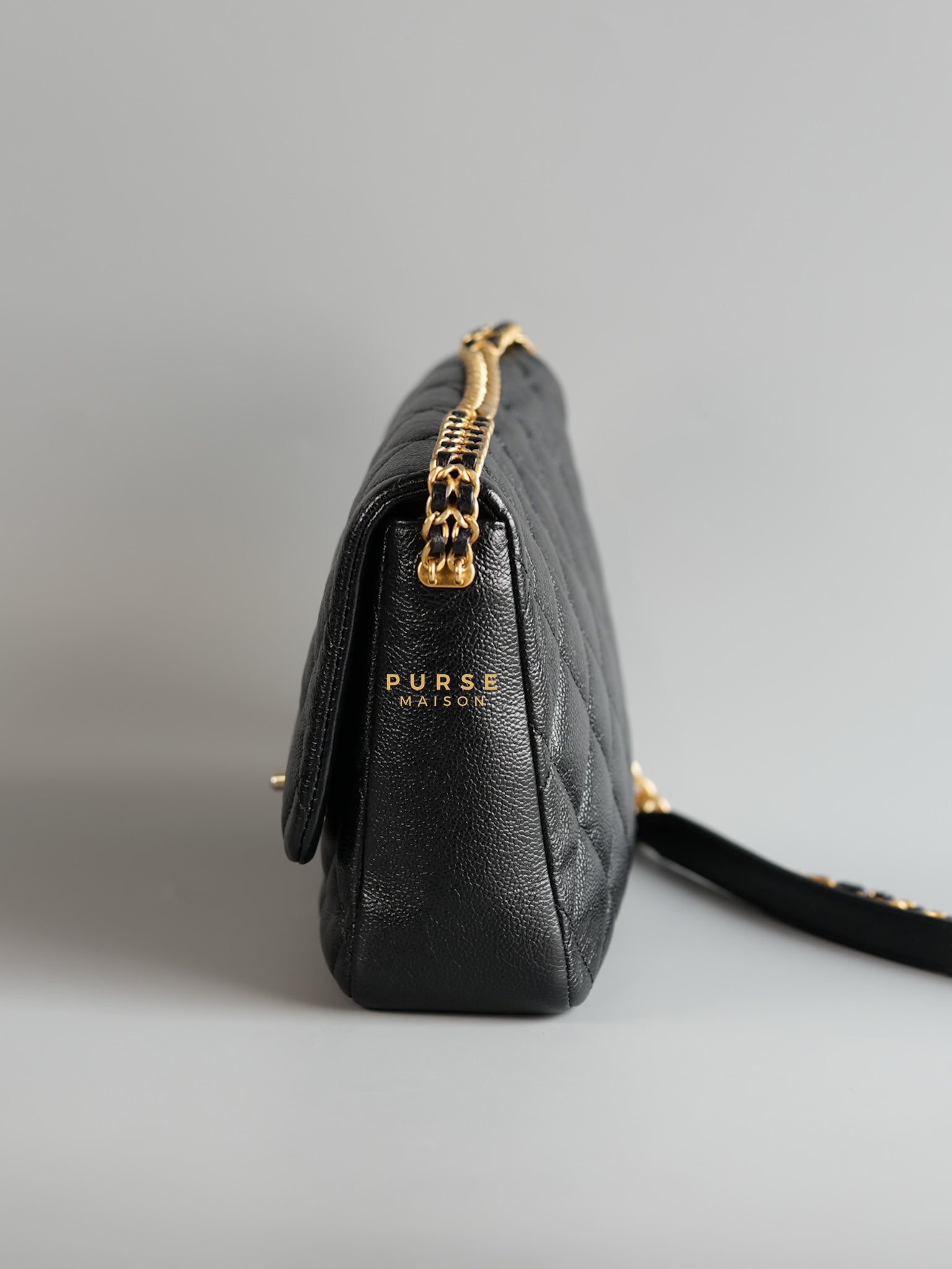 Melody Flap Bag in Shiny Caviar Leather and Aged Gold Hardware (Microchip) | Purse Maison Luxury Bags Shop