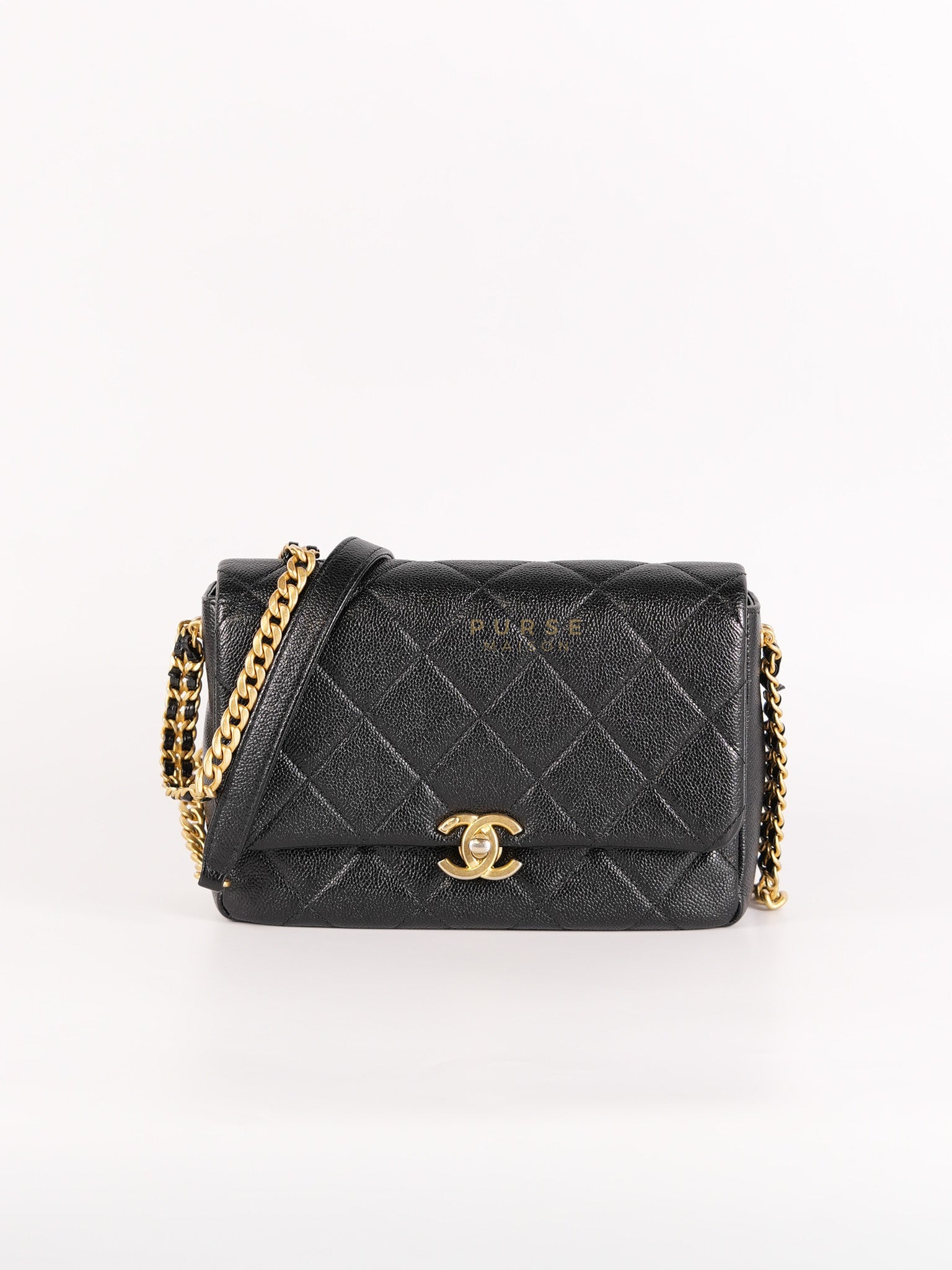 Melody Flap Bag in Shiny Caviar Leather and Aged Gold Hardware (Microchip) | Purse Maison Luxury Bags Shop