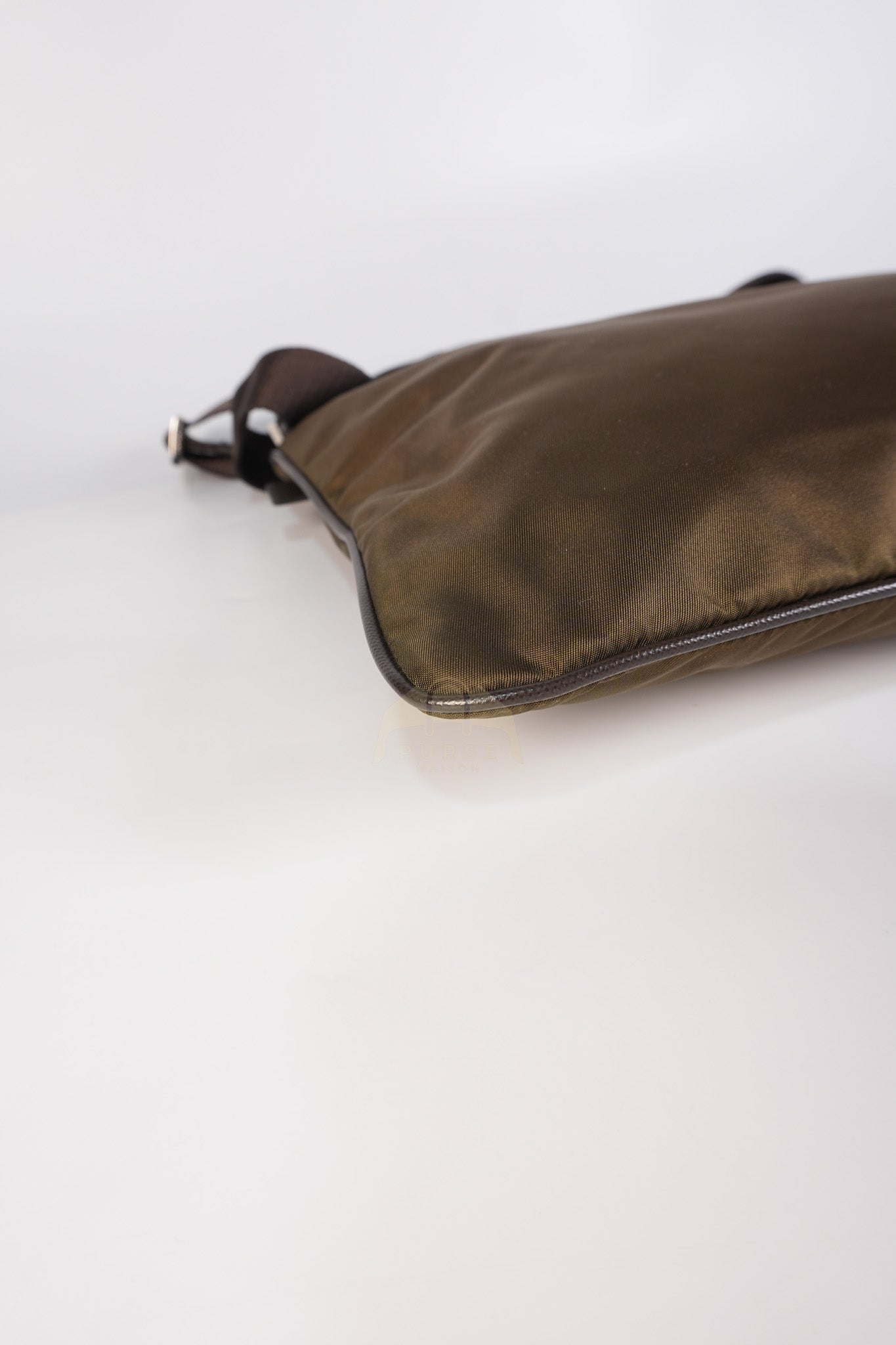 Messenger Bag in Olive Green Tessuto Nylon Canvas & Silver Hardware | Purse Maison Luxury Bags Shop