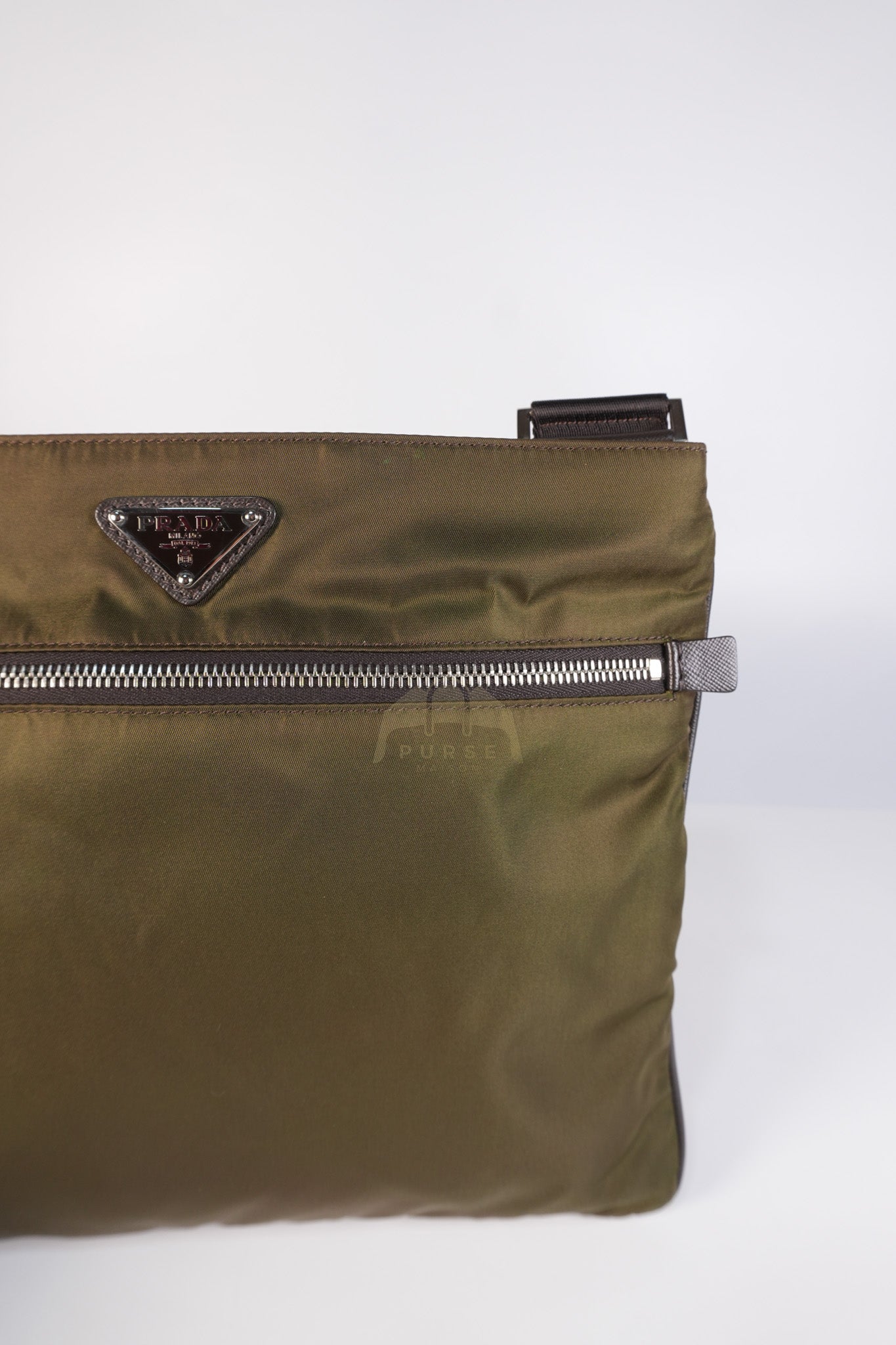 Messenger Bag in Olive Green Tessuto Nylon Canvas & Silver Hardware | Purse Maison Luxury Bags Shop