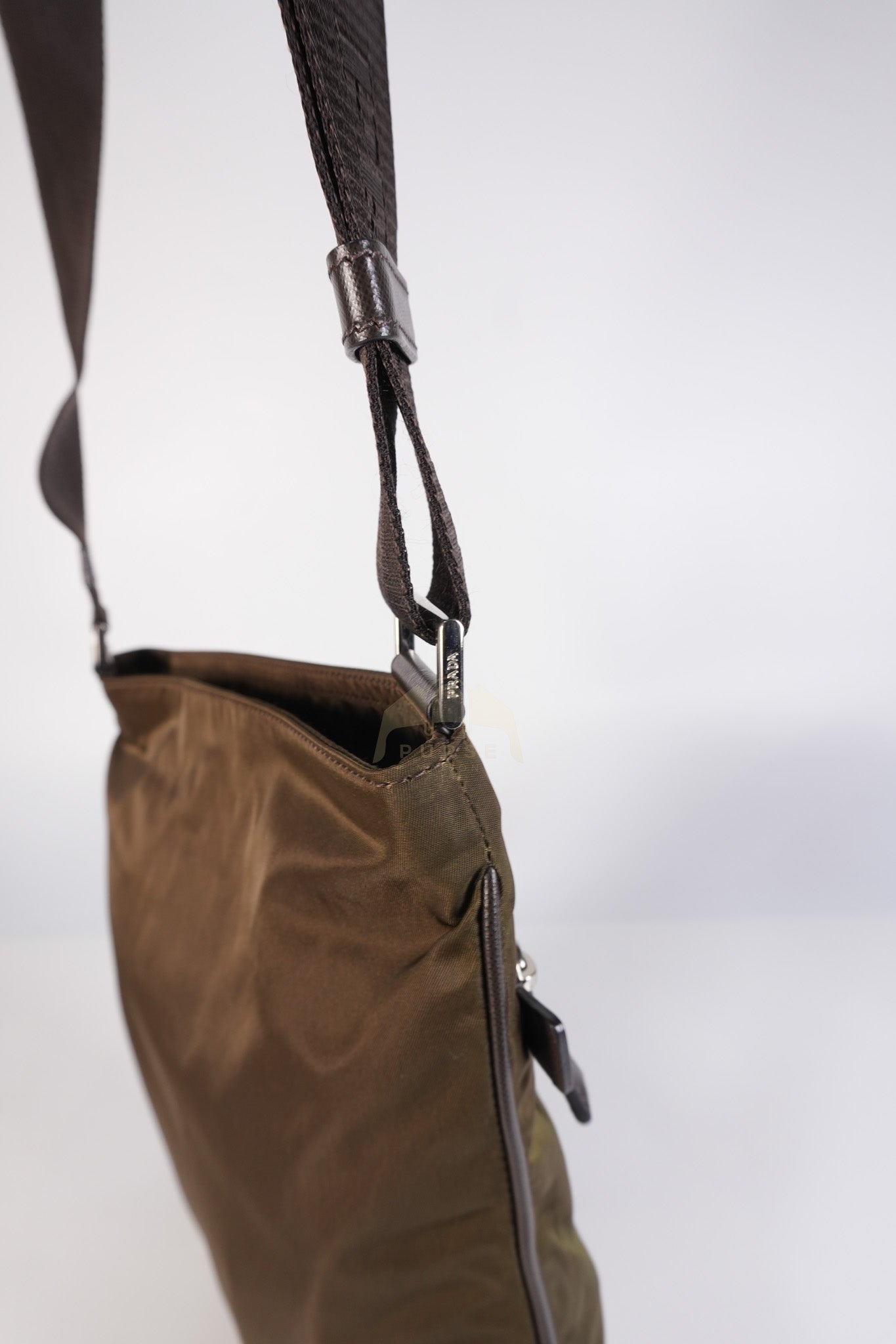 Messenger Bag in Olive Green Tessuto Nylon Canvas & Silver Hardware | Purse Maison Luxury Bags Shop