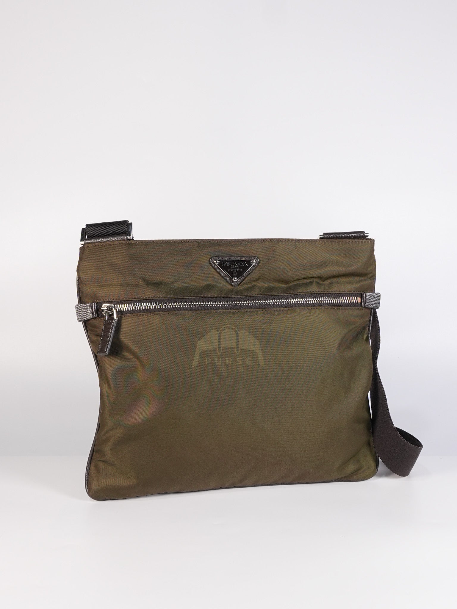 Messenger Bag in Olive Green Tessuto Nylon Canvas & Silver Hardware | Purse Maison Luxury Bags Shop