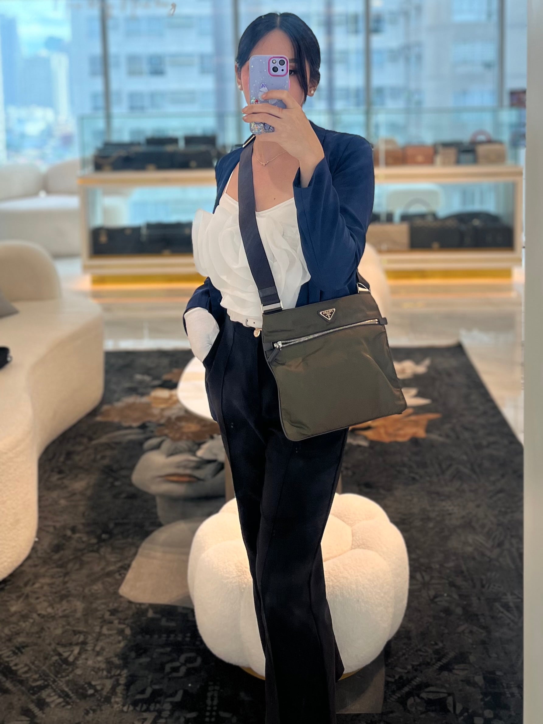 Messenger Bag in Olive Green Tessuto Nylon Canvas & Silver Hardware | Purse Maison Luxury Bags Shop