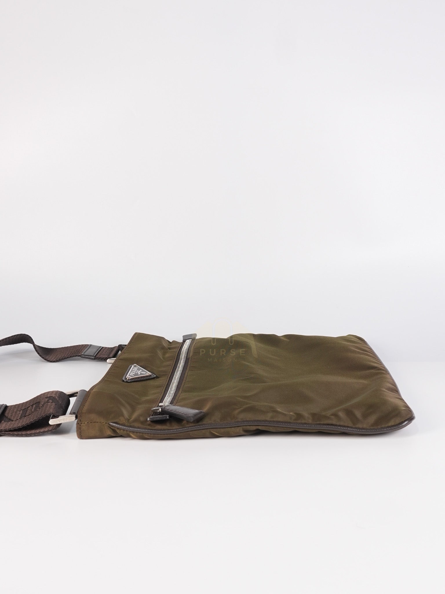 Messenger Bag in Olive Green Tessuto Nylon Canvas & Silver Hardware | Purse Maison Luxury Bags Shop