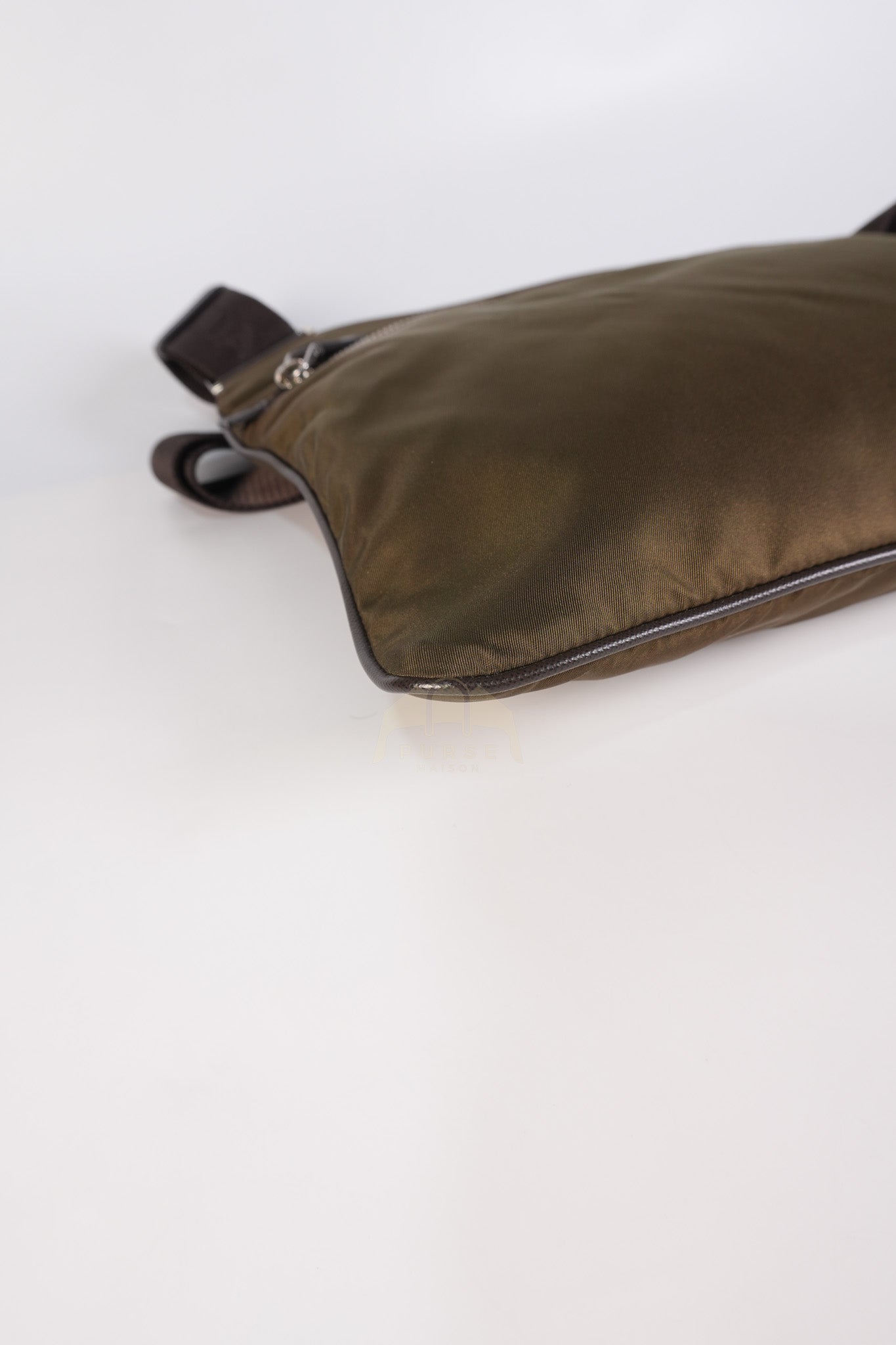 Messenger Bag in Olive Green Tessuto Nylon Canvas & Silver Hardware | Purse Maison Luxury Bags Shop