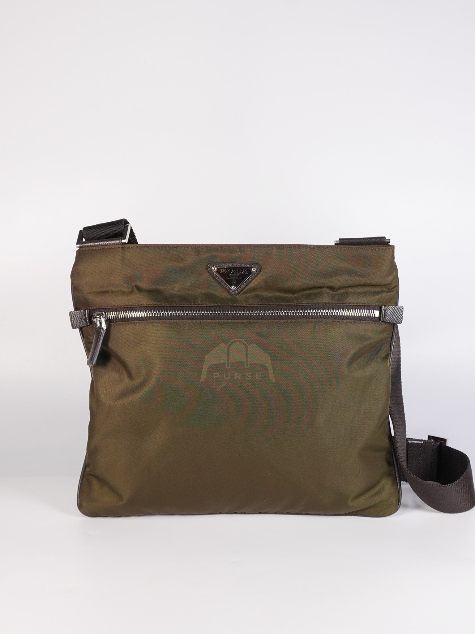 Messenger Bag in Olive Green Tessuto Nylon Canvas & Silver Hardware | Purse Maison Luxury Bags Shop