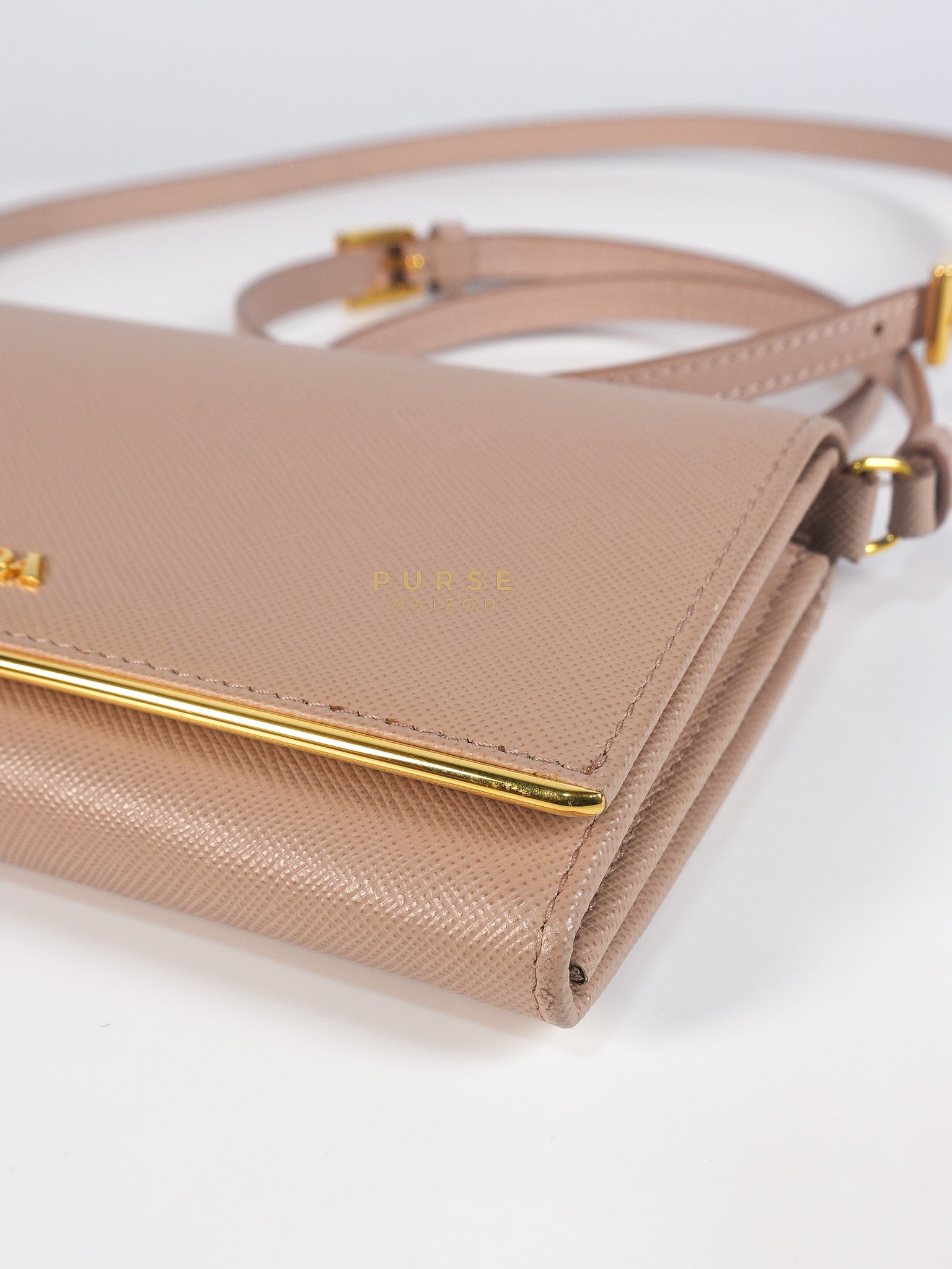 Metal Detail Wallet On Strap in Beige Leather & Gold Hardware | Purse Maison Luxury Bags Shop