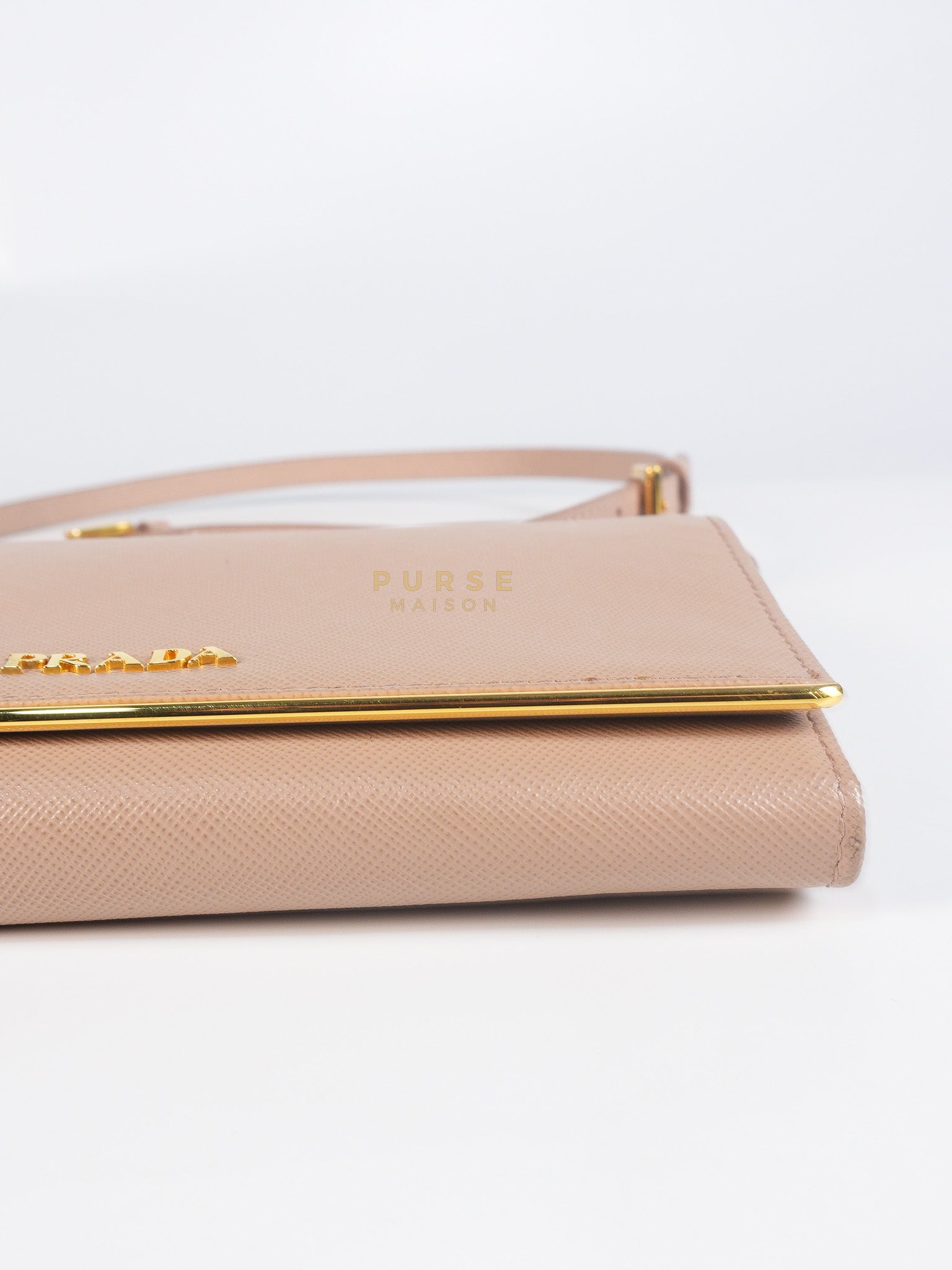 Metal Detail Wallet On Strap in Beige Leather & Gold Hardware | Purse Maison Luxury Bags Shop