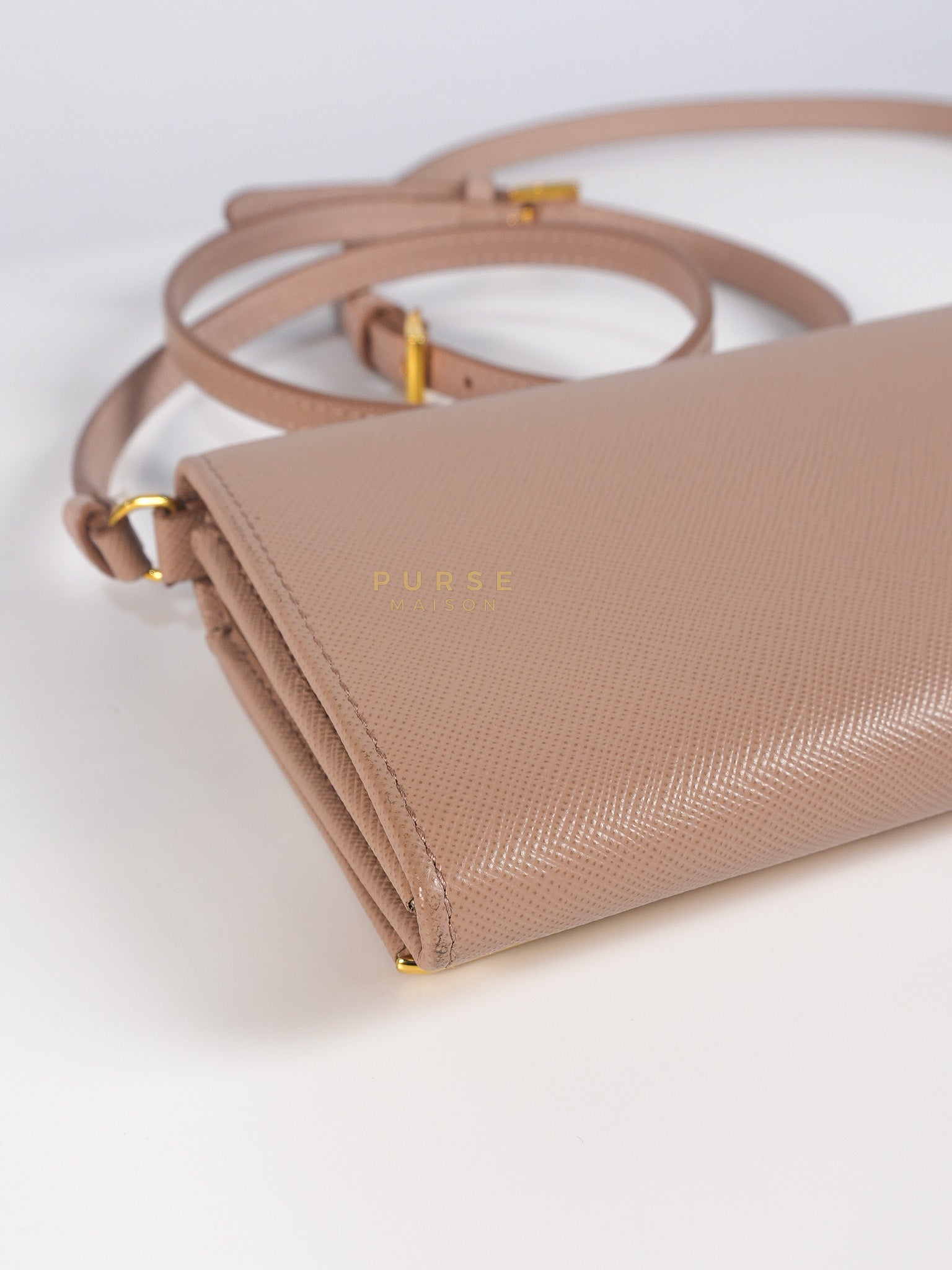 Metal Detail Wallet On Strap in Beige Leather & Gold Hardware | Purse Maison Luxury Bags Shop