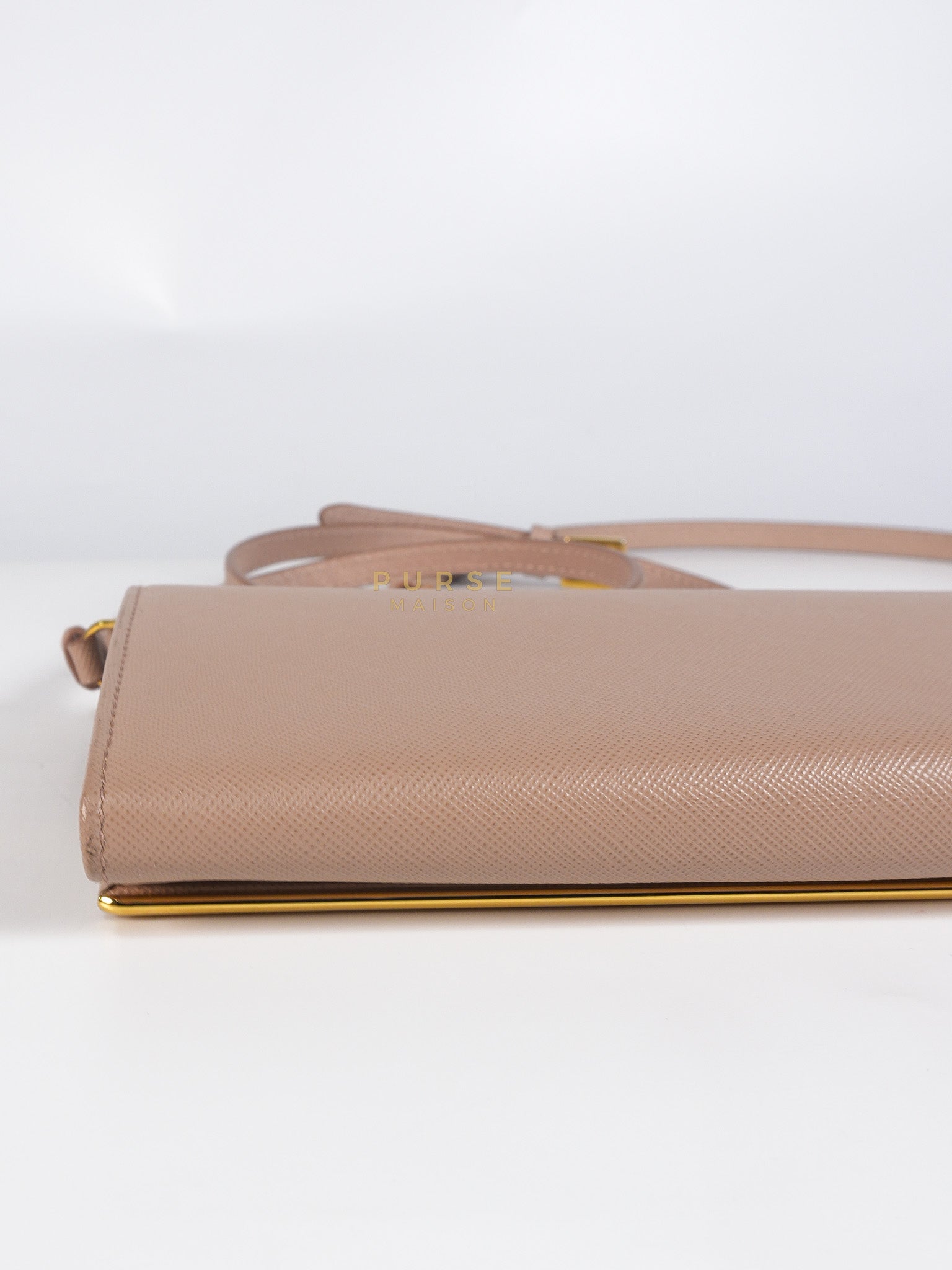 Metal Detail Wallet On Strap in Beige Leather & Gold Hardware | Purse Maison Luxury Bags Shop