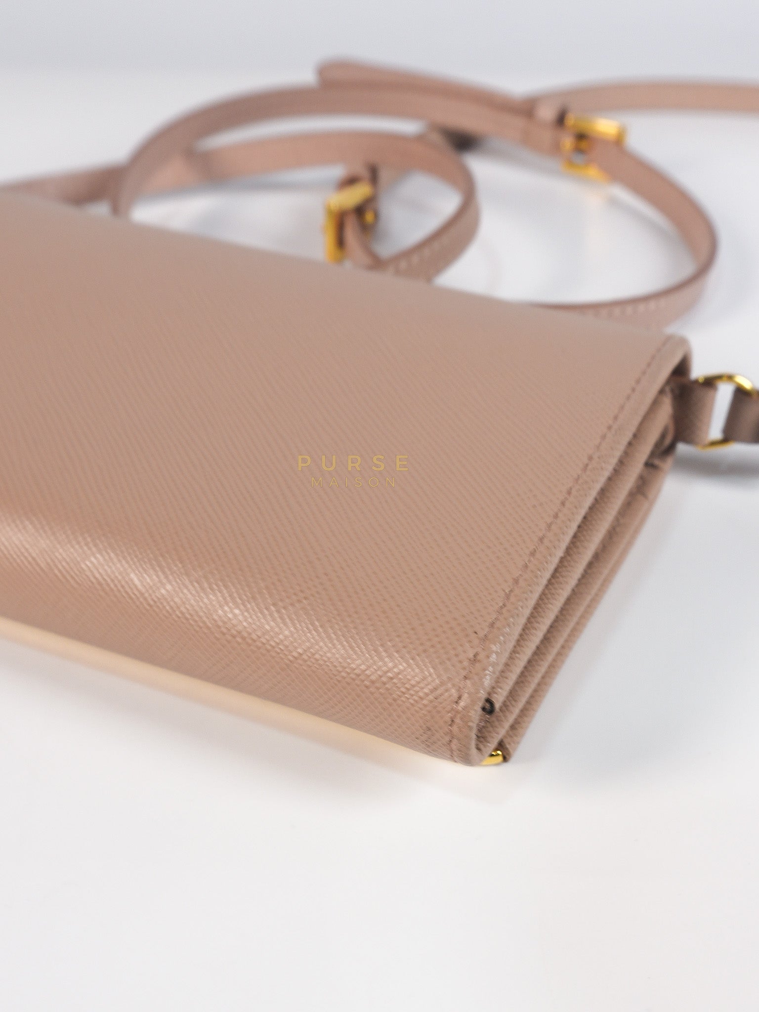 Metal Detail Wallet On Strap in Beige Leather & Gold Hardware | Purse Maison Luxury Bags Shop
