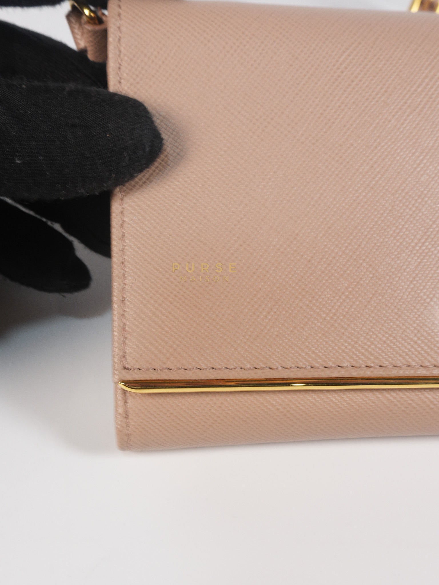 Metal Detail Wallet On Strap in Beige Leather & Gold Hardware | Purse Maison Luxury Bags Shop