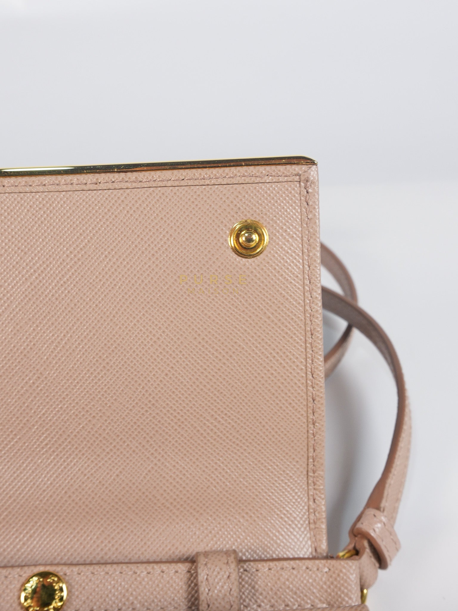 Metal Detail Wallet On Strap in Beige Leather & Gold Hardware | Purse Maison Luxury Bags Shop