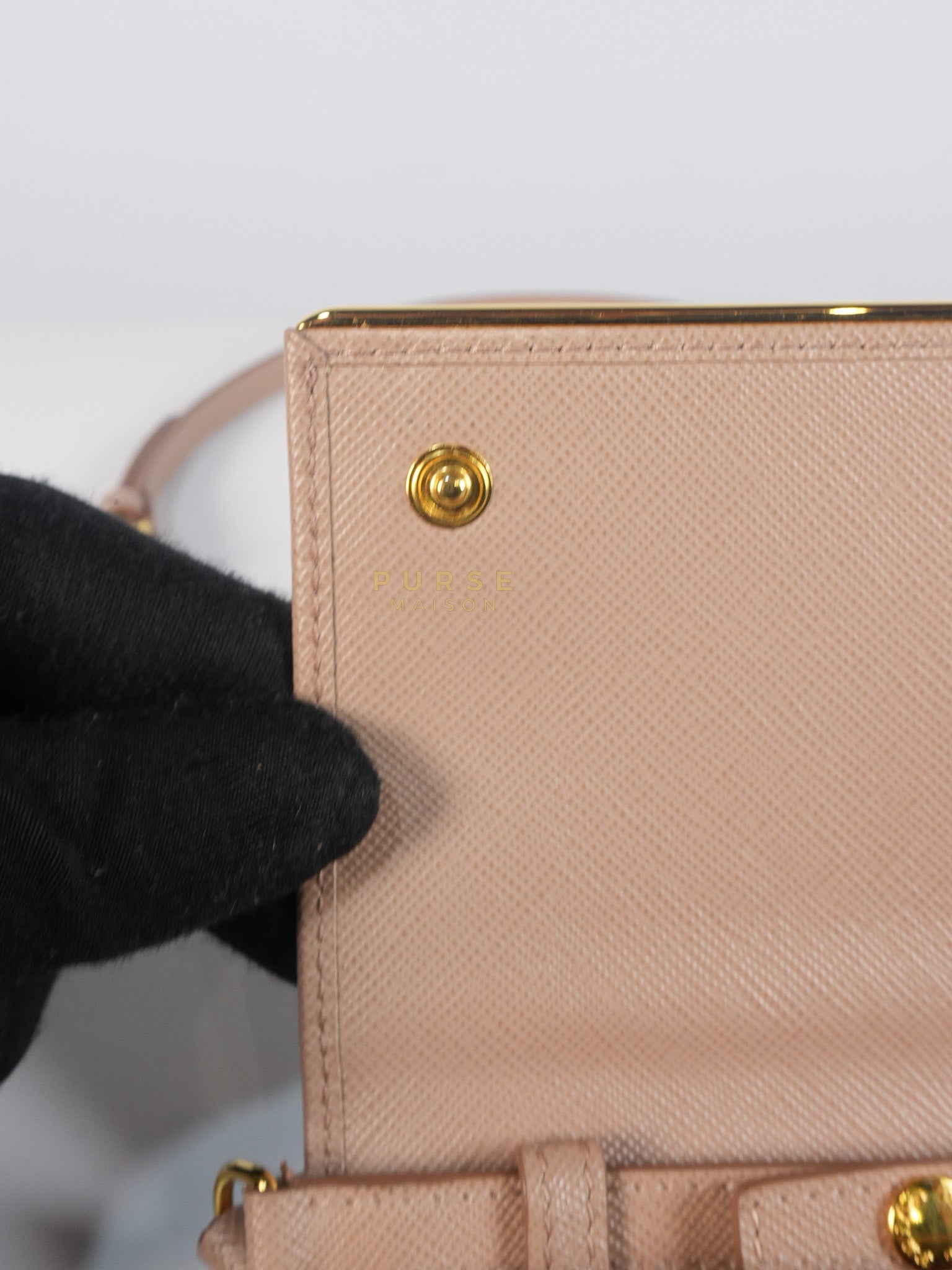 Metal Detail Wallet On Strap in Beige Leather & Gold Hardware | Purse Maison Luxury Bags Shop
