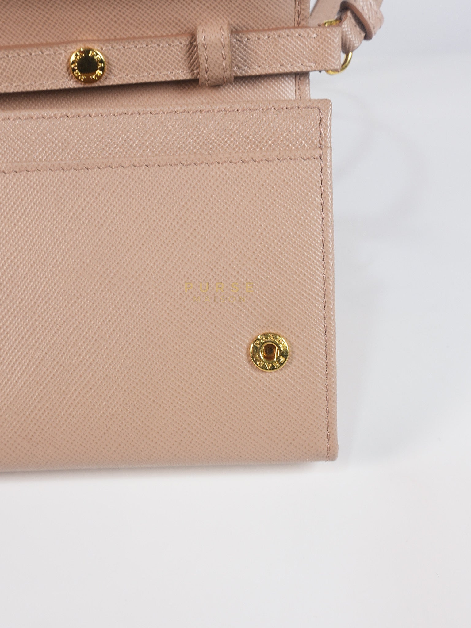 Metal Detail Wallet On Strap in Beige Leather & Gold Hardware | Purse Maison Luxury Bags Shop