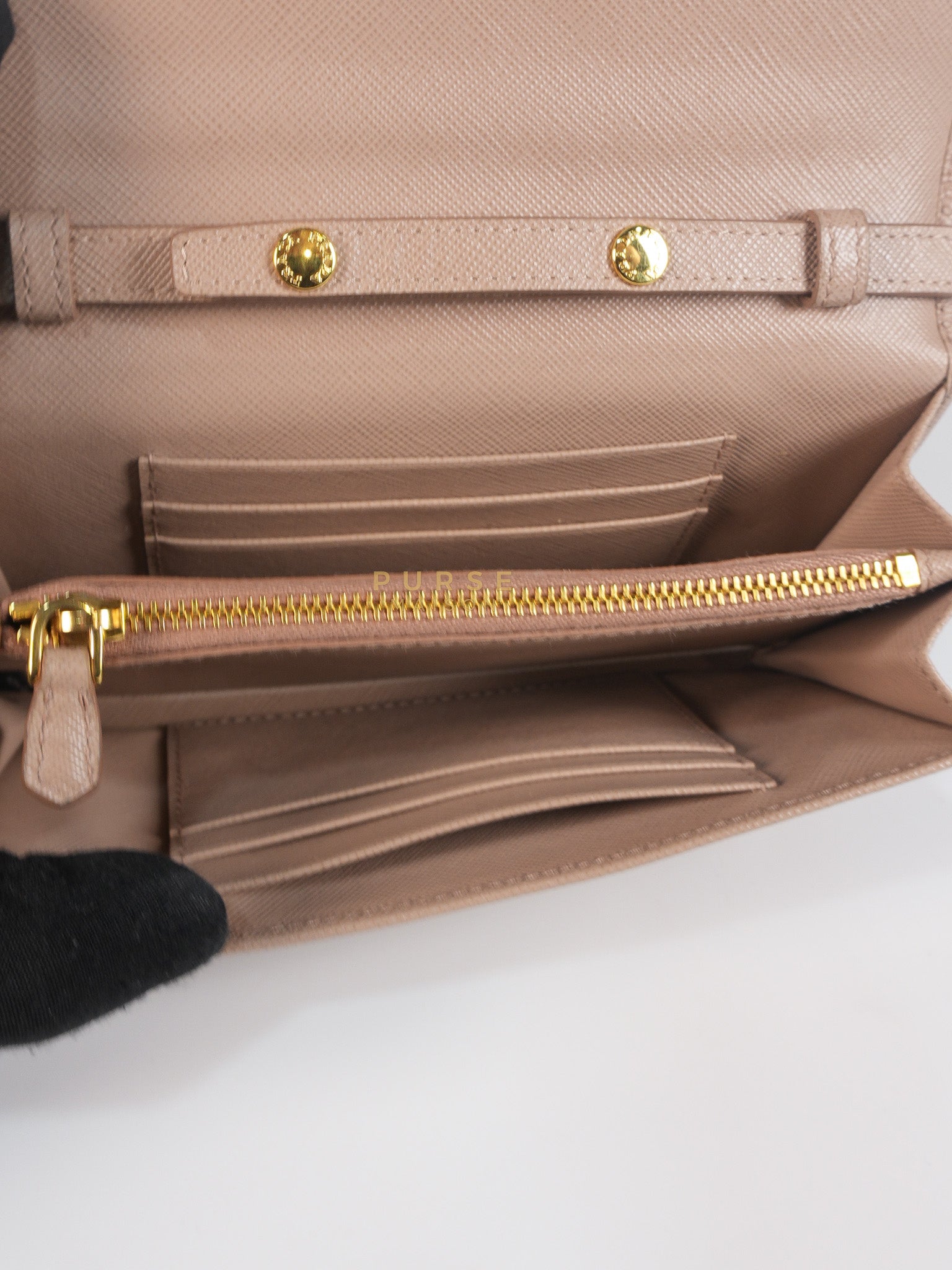 Metal Detail Wallet On Strap in Beige Leather & Gold Hardware | Purse Maison Luxury Bags Shop