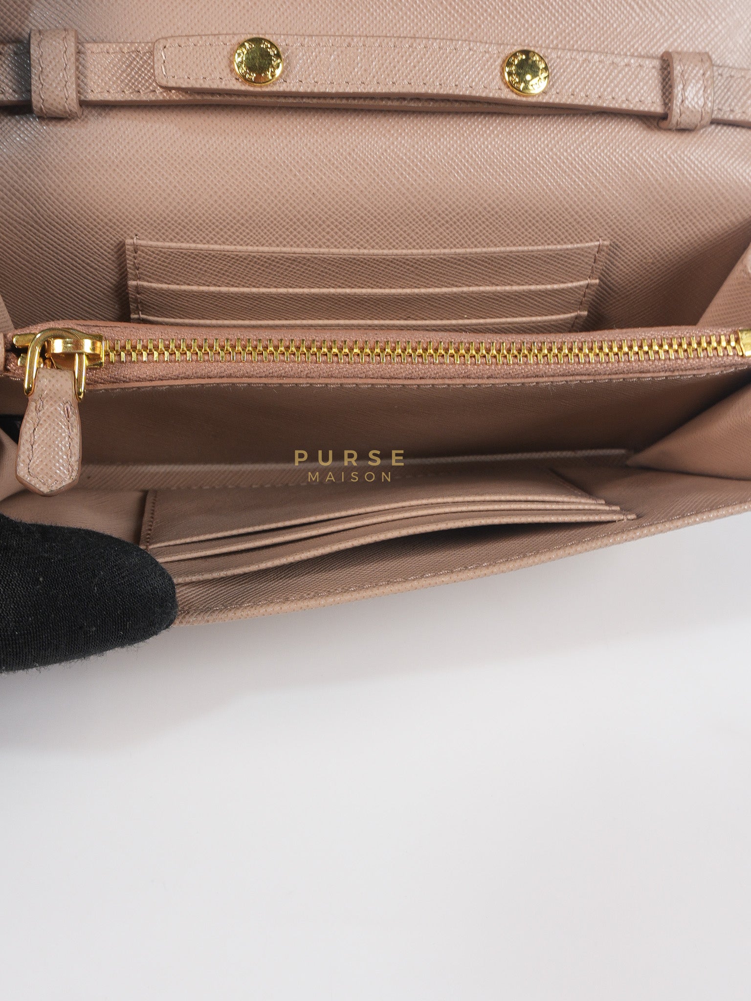Metal Detail Wallet On Strap in Beige Leather & Gold Hardware | Purse Maison Luxury Bags Shop