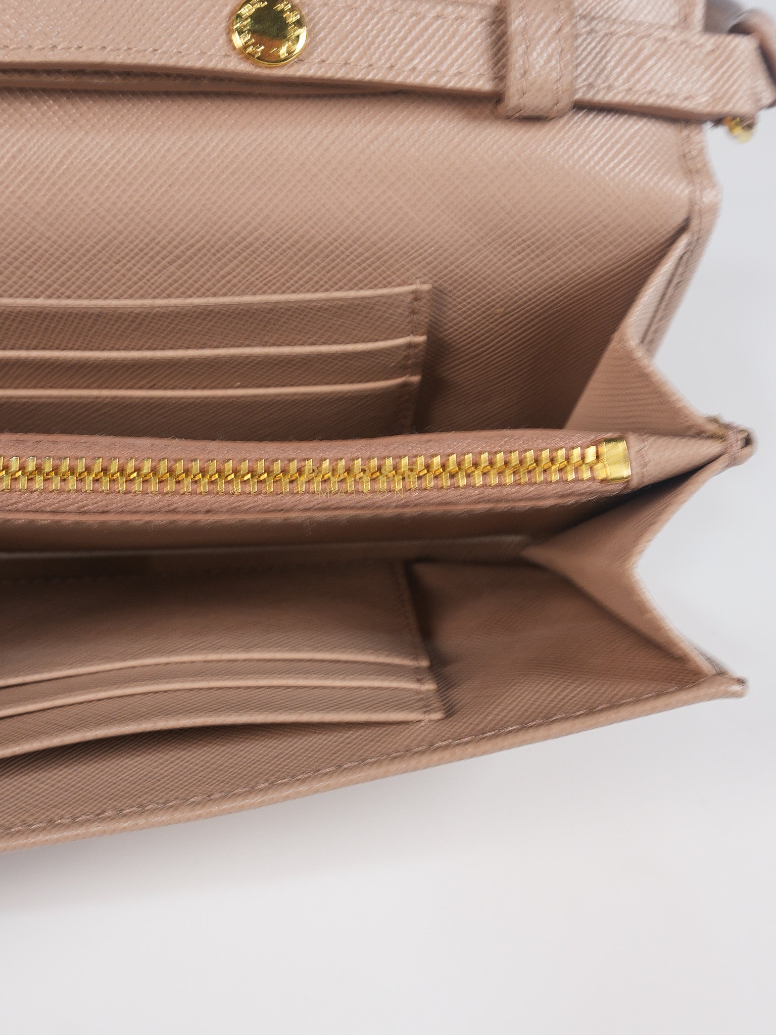 Metal Detail Wallet On Strap in Beige Leather & Gold Hardware | Purse Maison Luxury Bags Shop