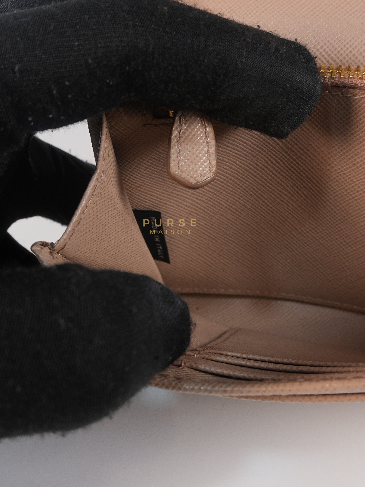 Metal Detail Wallet On Strap in Beige Leather & Gold Hardware | Purse Maison Luxury Bags Shop
