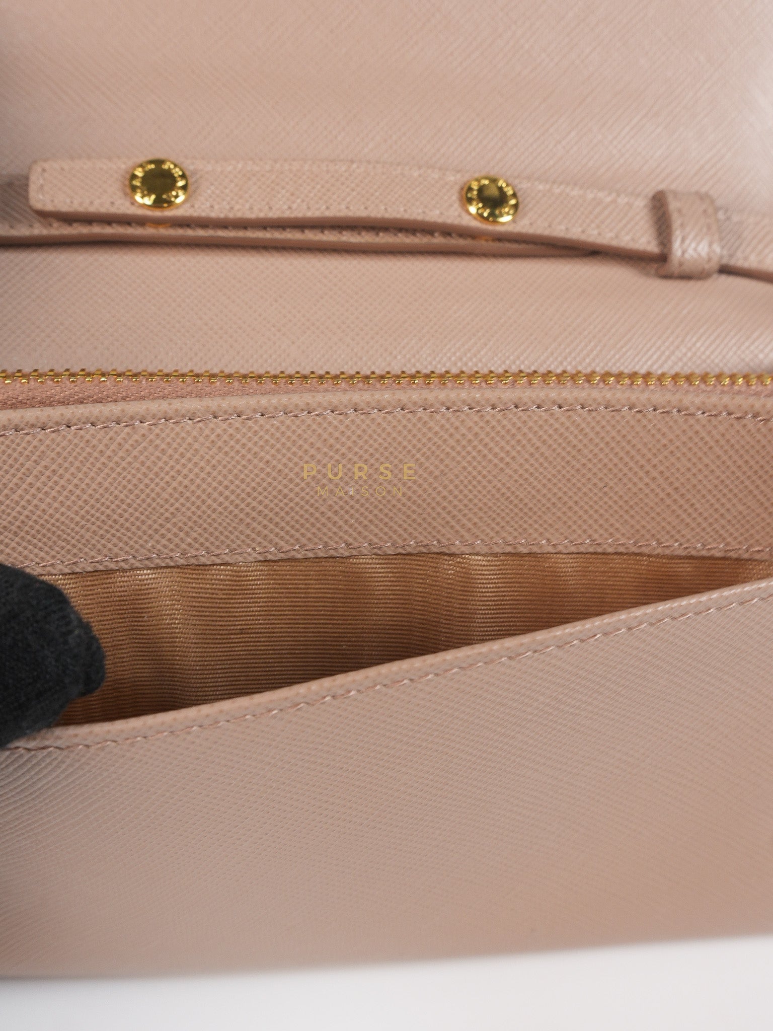 Metal Detail Wallet On Strap in Beige Leather & Gold Hardware | Purse Maison Luxury Bags Shop