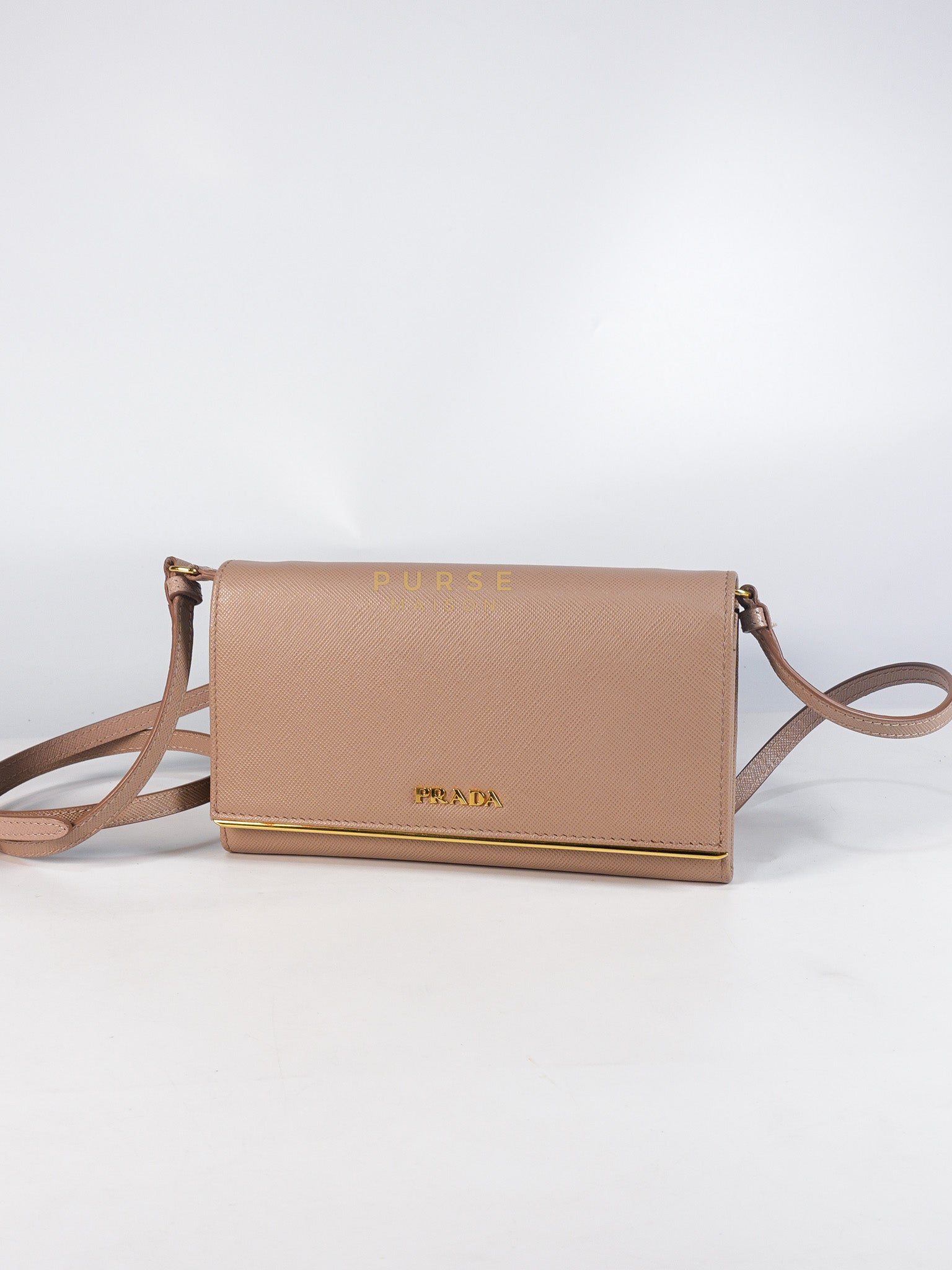 Metal Detail Wallet On Strap in Beige Leather & Gold Hardware | Purse Maison Luxury Bags Shop