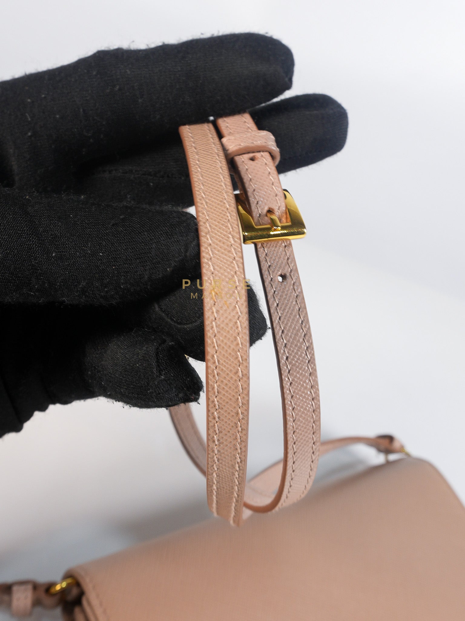 Metal Detail Wallet On Strap in Beige Leather & Gold Hardware | Purse Maison Luxury Bags Shop