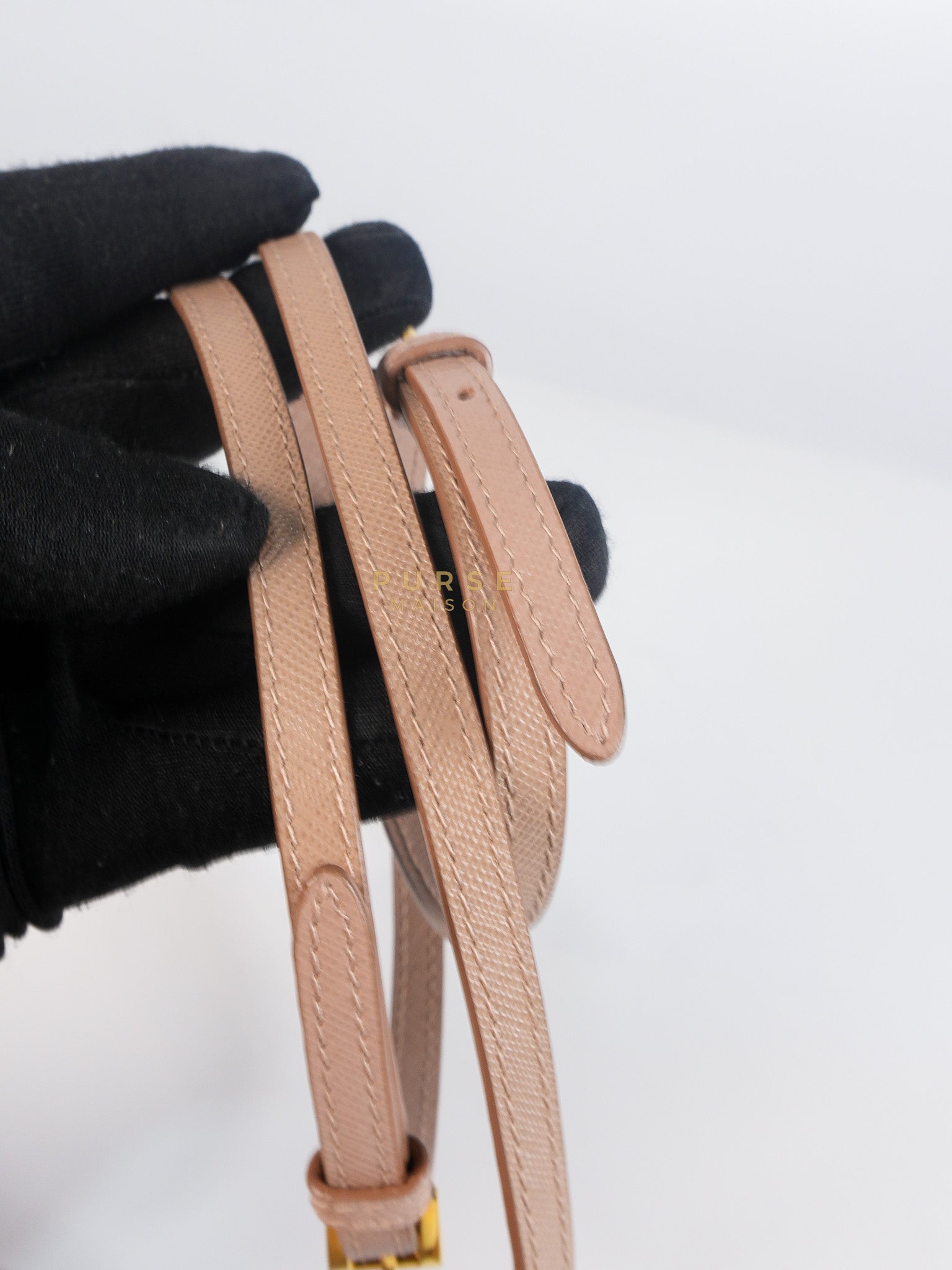 Metal Detail Wallet On Strap in Beige Leather & Gold Hardware | Purse Maison Luxury Bags Shop