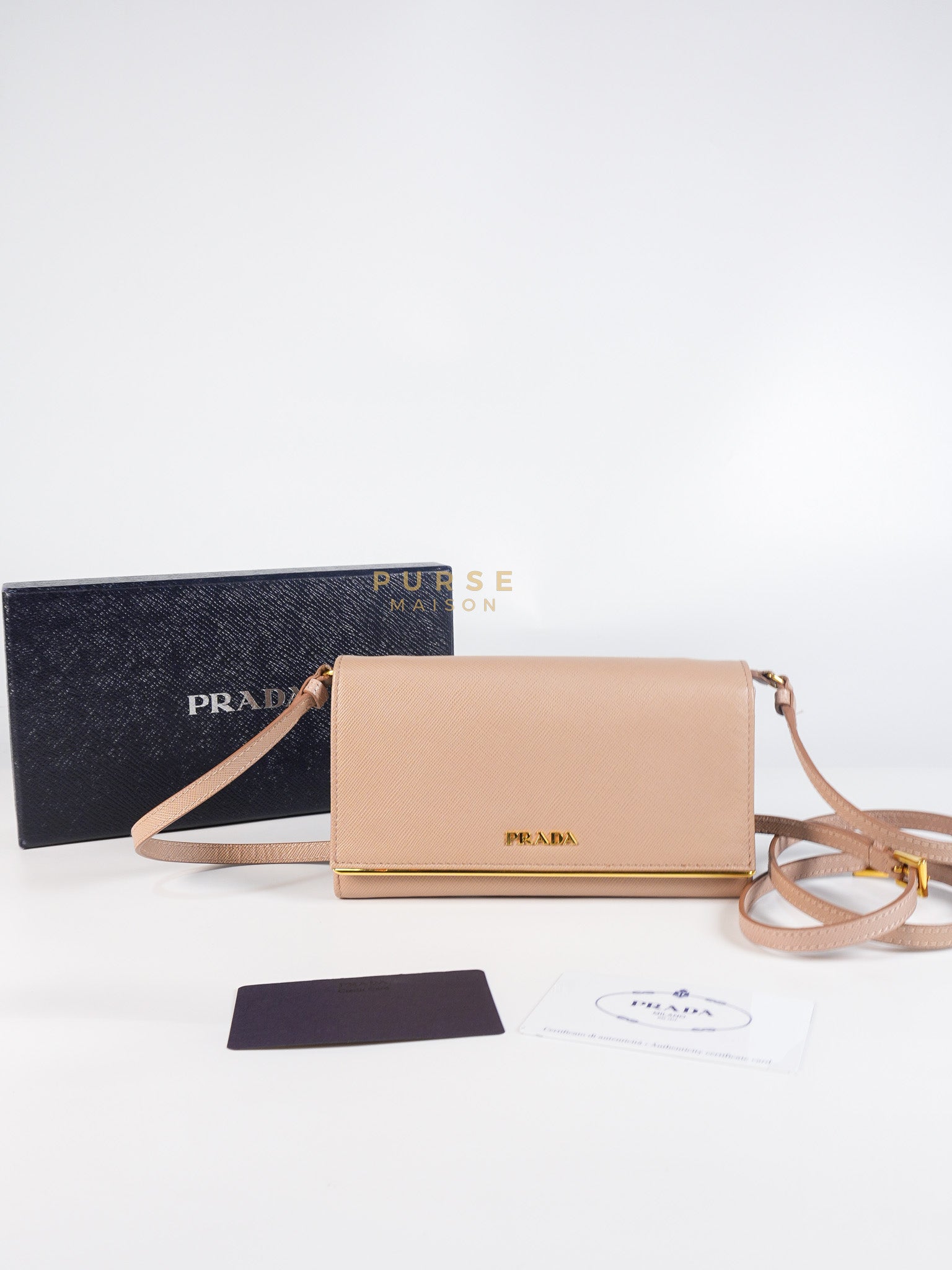 Metal Detail Wallet On Strap in Beige Leather & Gold Hardware | Purse Maison Luxury Bags Shop