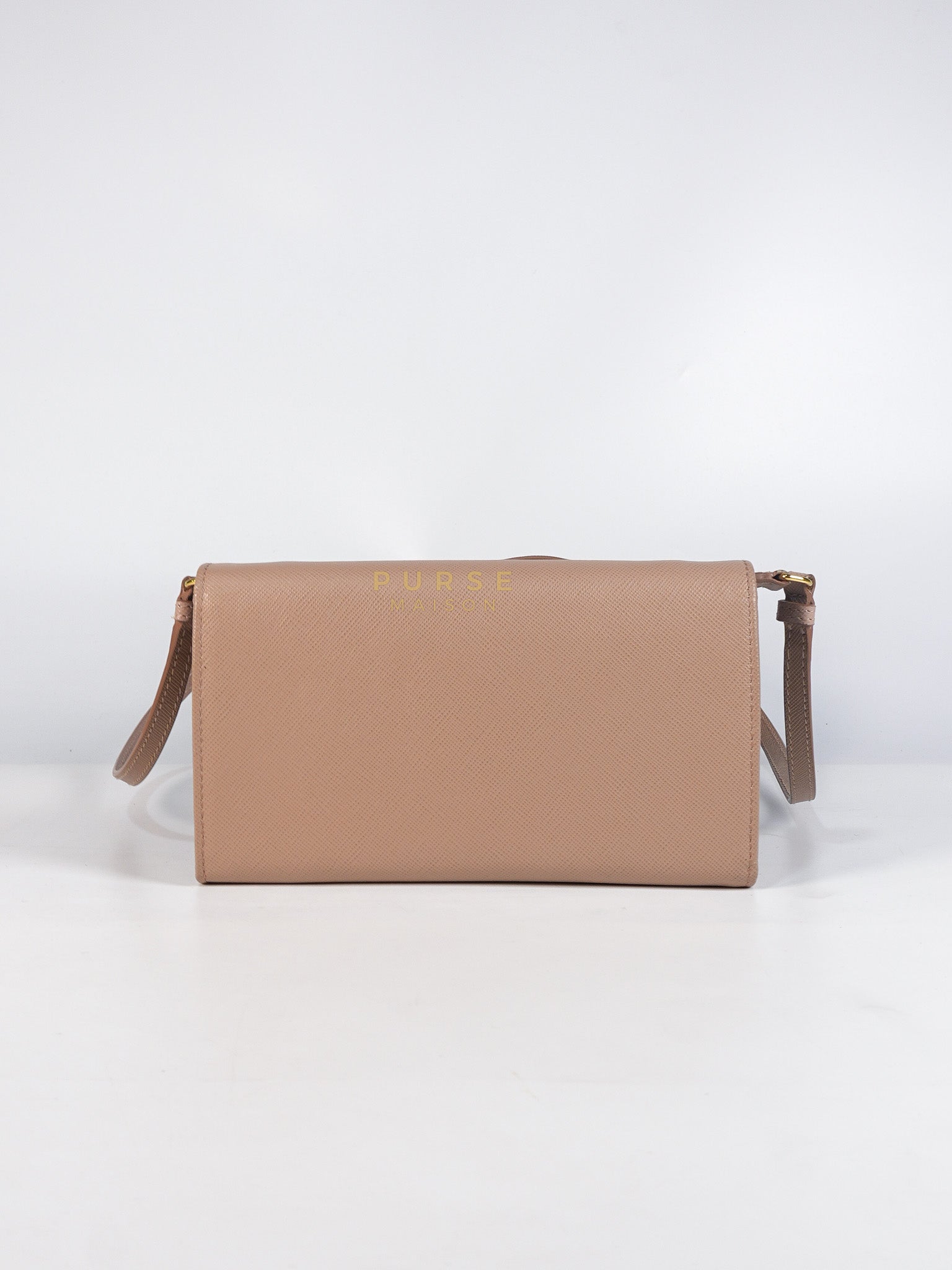 Metal Detail Wallet On Strap in Beige Leather & Gold Hardware | Purse Maison Luxury Bags Shop