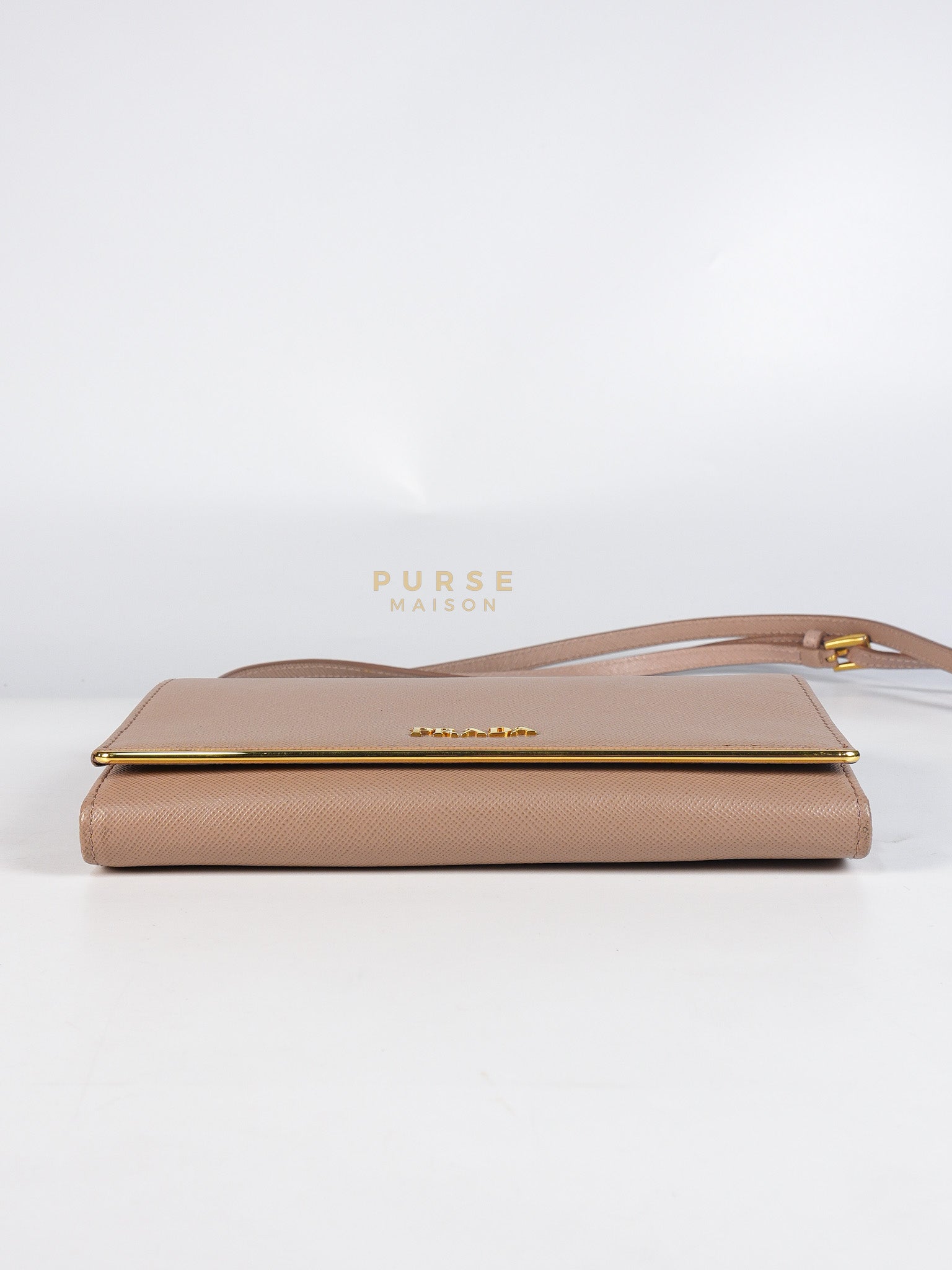 Metal Detail Wallet On Strap in Beige Leather & Gold Hardware | Purse Maison Luxury Bags Shop