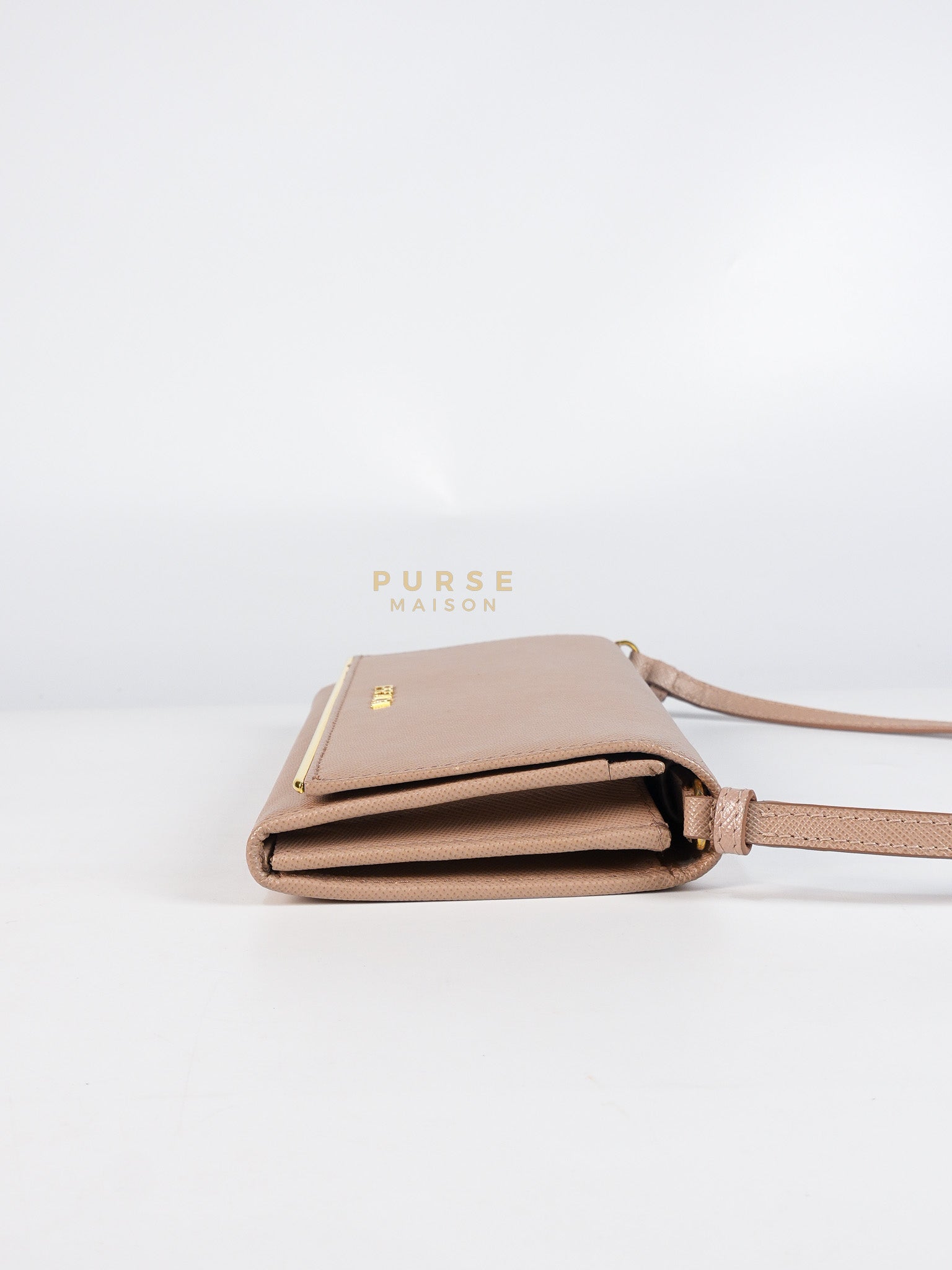 Metal Detail Wallet On Strap in Beige Leather & Gold Hardware | Purse Maison Luxury Bags Shop