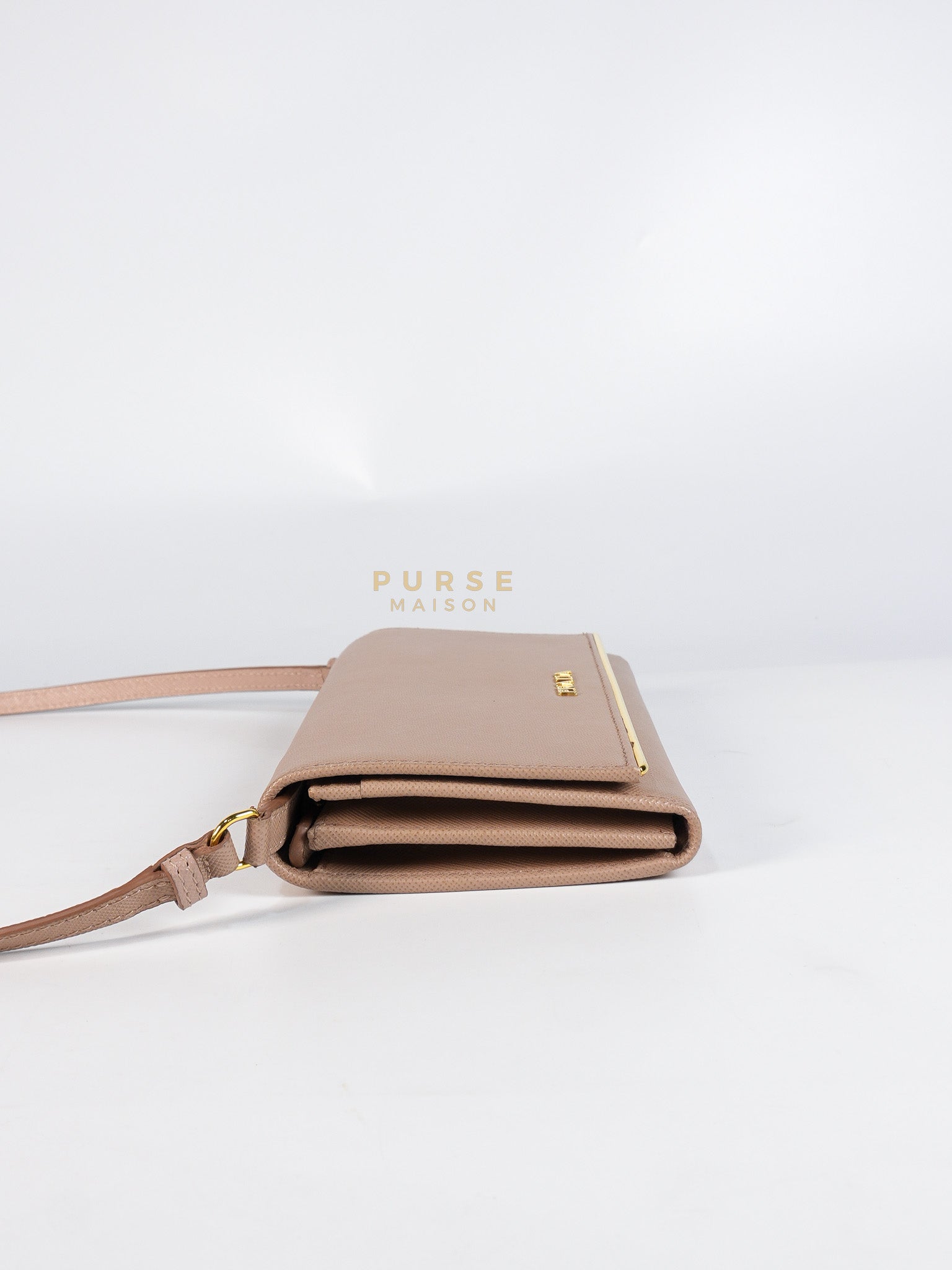 Metal Detail Wallet On Strap in Beige Leather & Gold Hardware | Purse Maison Luxury Bags Shop