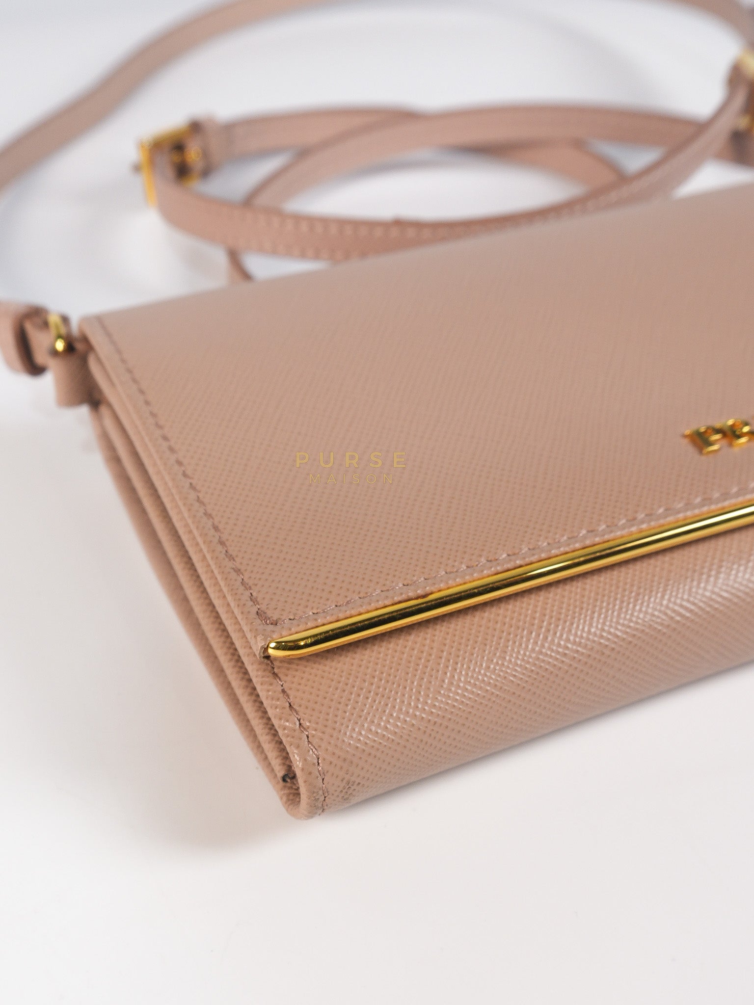 Metal Detail Wallet On Strap in Beige Leather & Gold Hardware | Purse Maison Luxury Bags Shop