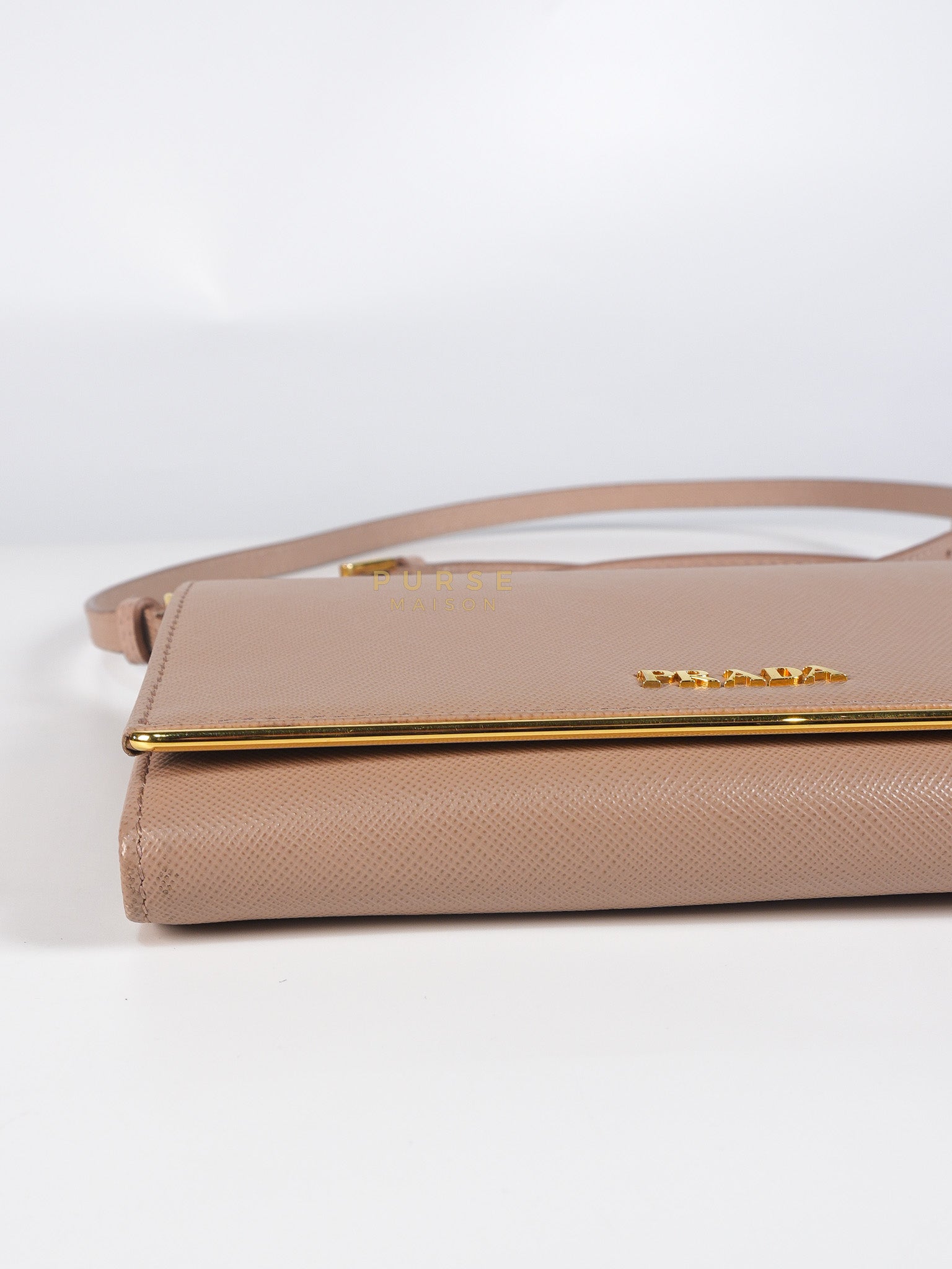 Metal Detail Wallet On Strap in Beige Leather & Gold Hardware | Purse Maison Luxury Bags Shop
