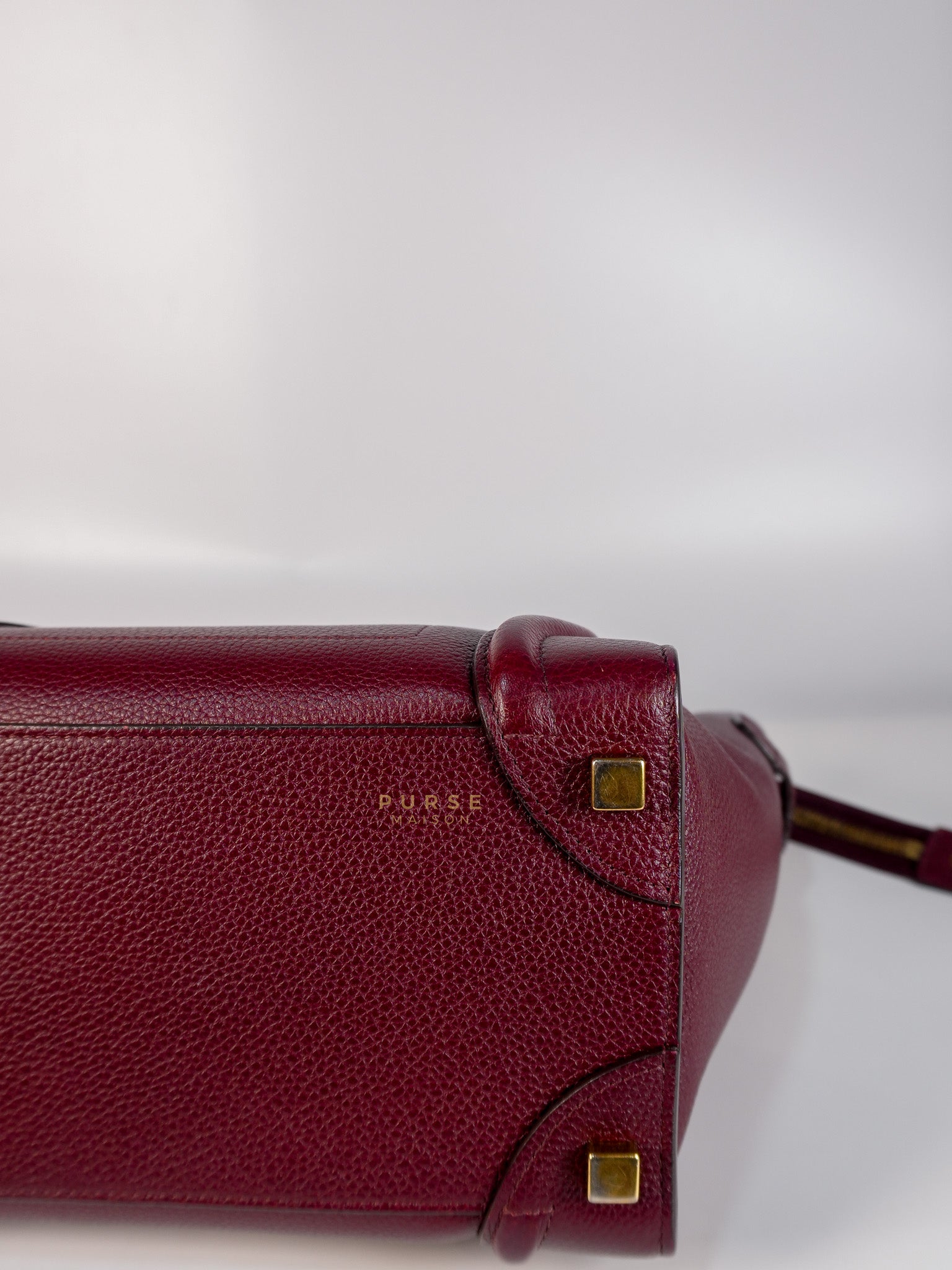 Micro Luggage Hand Bag in Maroon Drummed Calfskin Leather | Purse Maison Luxury Bags Shop