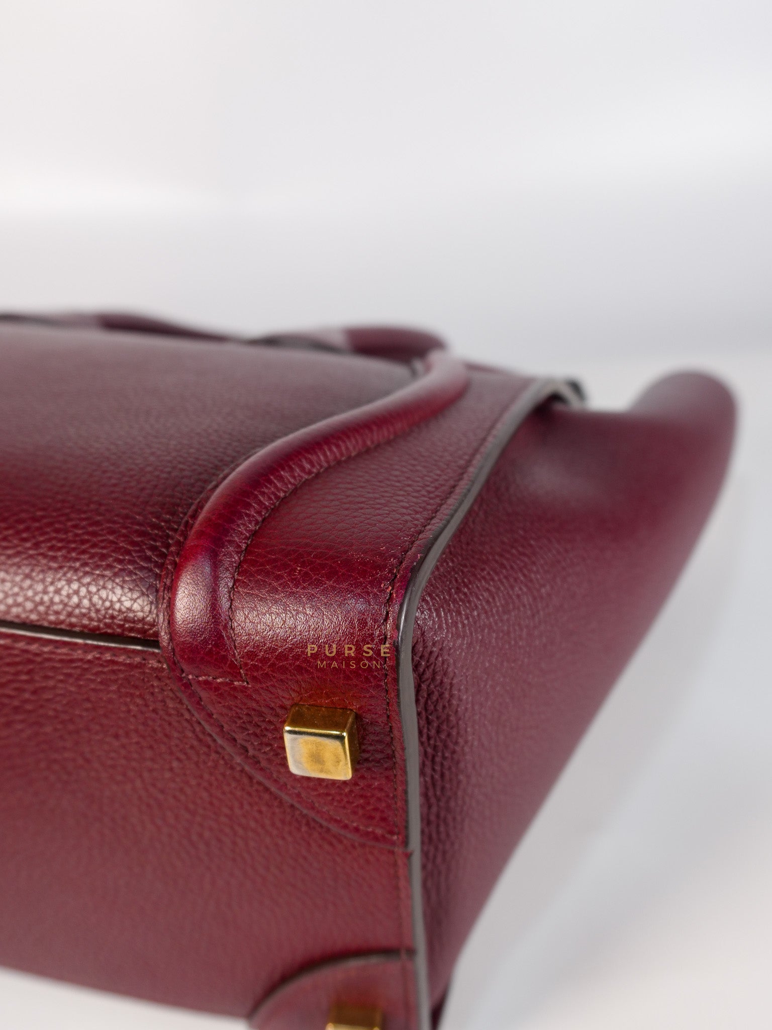 Micro Luggage Hand Bag in Maroon Drummed Calfskin Leather | Purse Maison Luxury Bags Shop