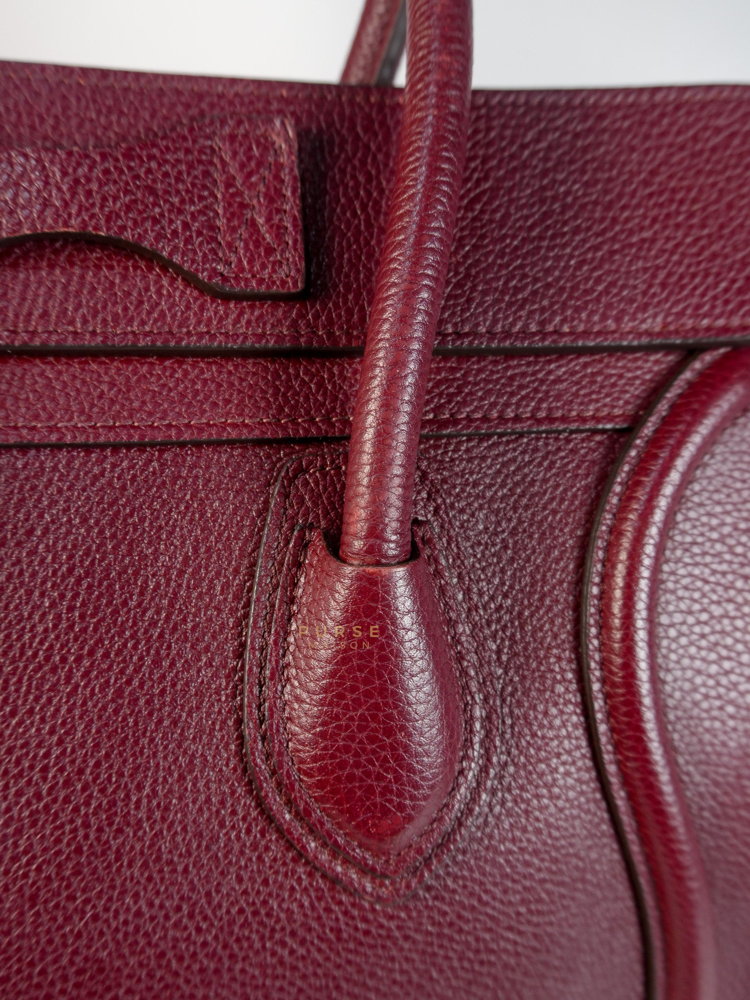 Micro Luggage Hand Bag in Maroon Drummed Calfskin Leather | Purse Maison Luxury Bags Shop