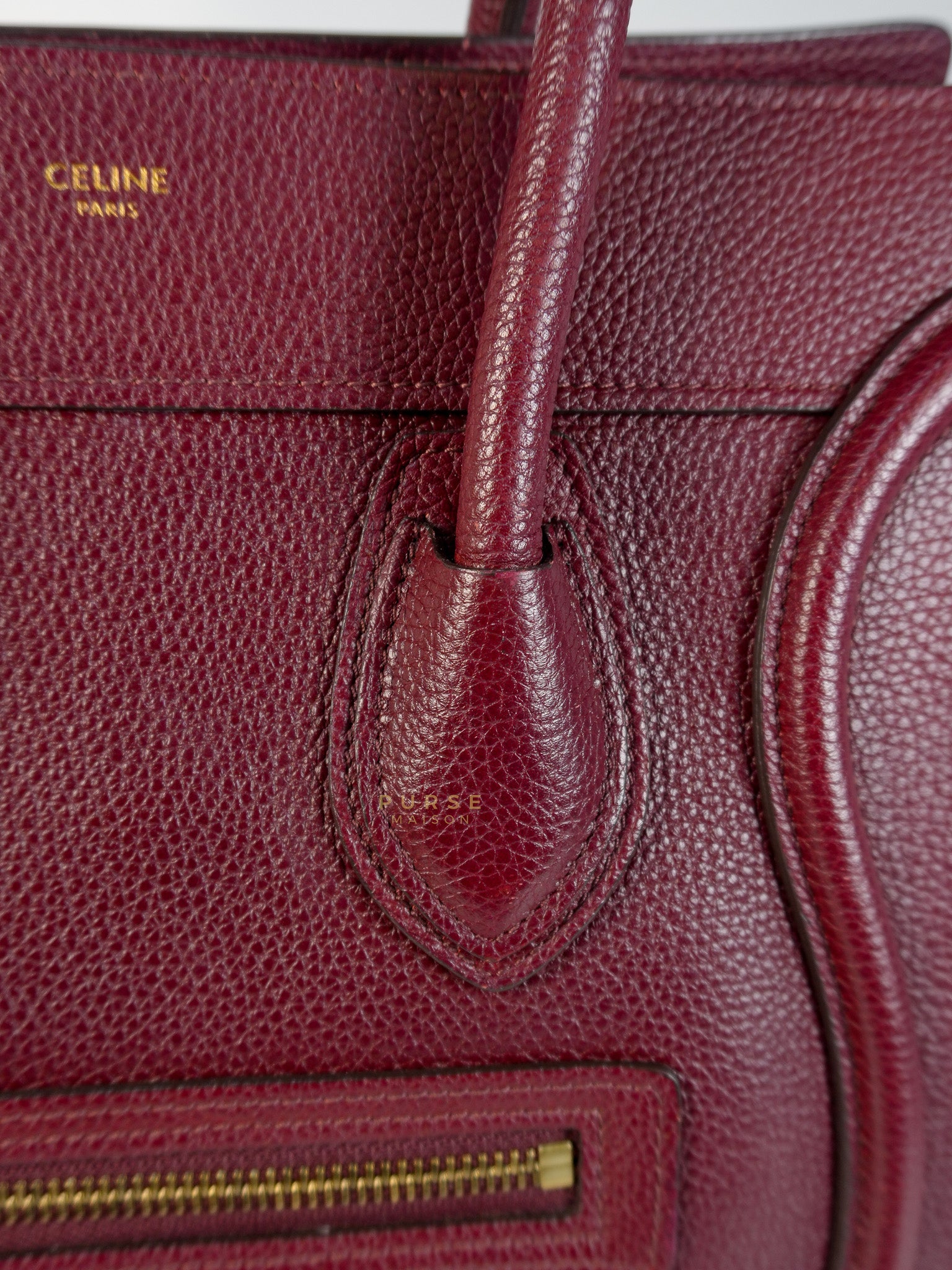 Micro Luggage Hand Bag in Maroon Drummed Calfskin Leather | Purse Maison Luxury Bags Shop