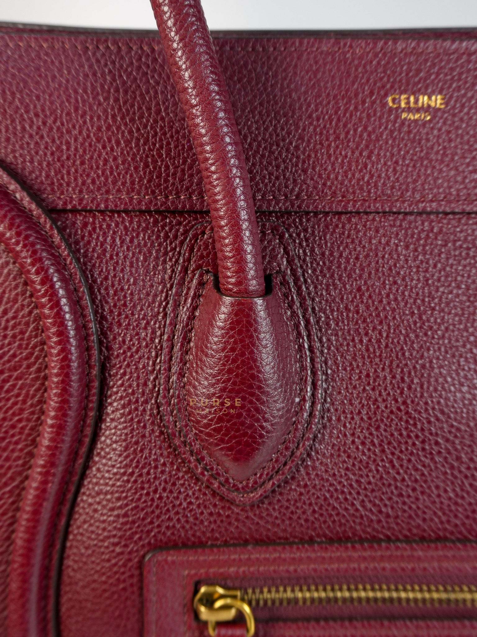 Micro Luggage Hand Bag in Maroon Drummed Calfskin Leather | Purse Maison Luxury Bags Shop
