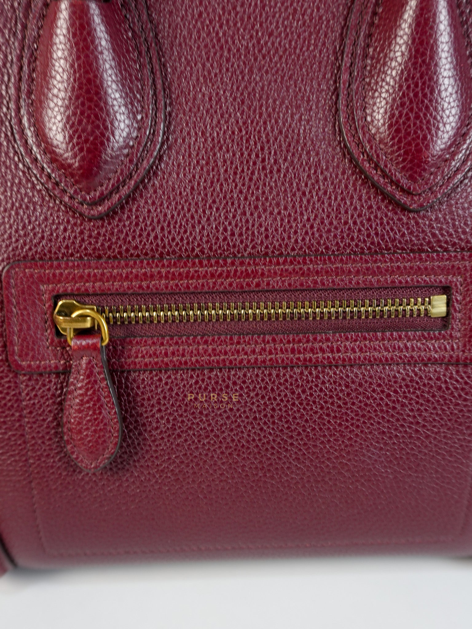 Micro Luggage Hand Bag in Maroon Drummed Calfskin Leather | Purse Maison Luxury Bags Shop