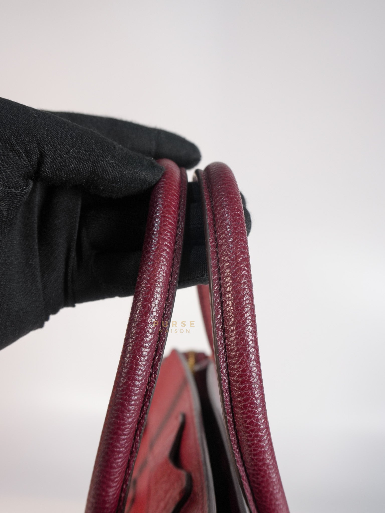 Micro Luggage Hand Bag in Maroon Drummed Calfskin Leather | Purse Maison Luxury Bags Shop