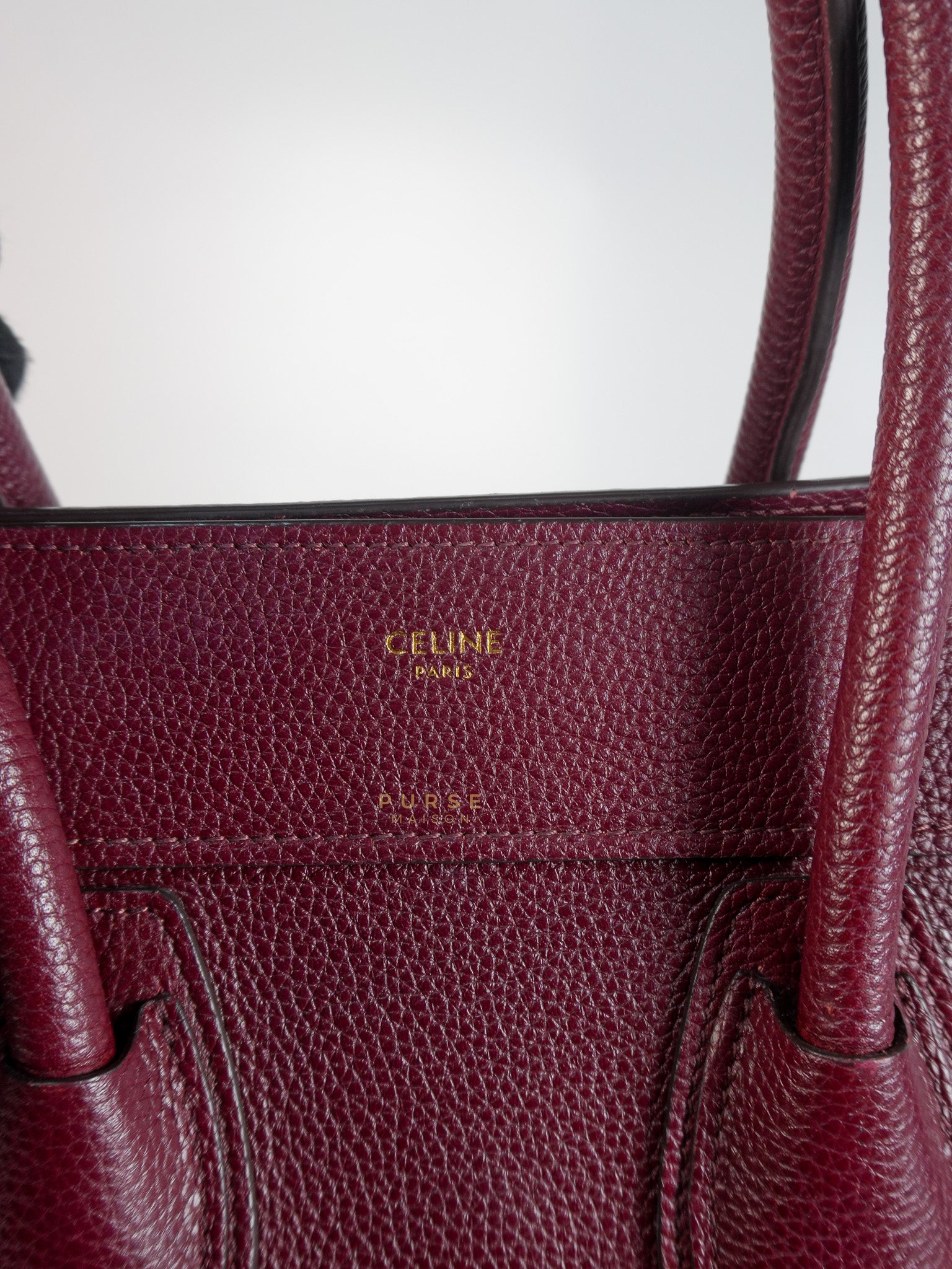 Micro Luggage Hand Bag in Maroon Drummed Calfskin Leather | Purse Maison Luxury Bags Shop