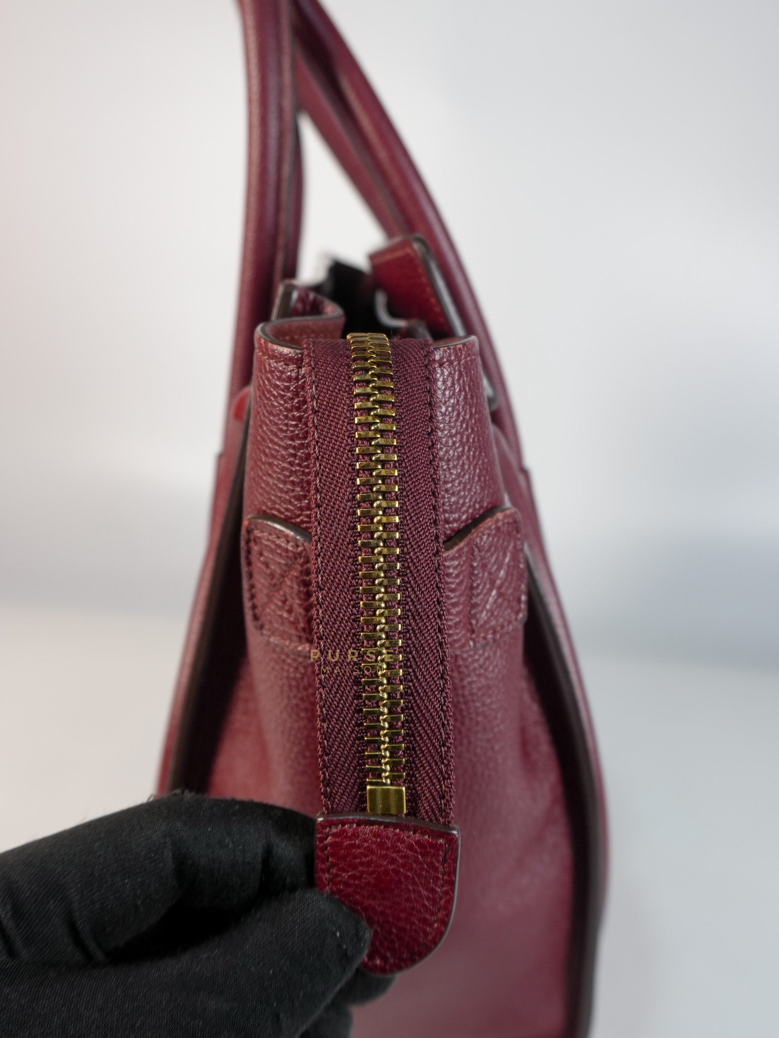 Micro Luggage Hand Bag in Maroon Drummed Calfskin Leather | Purse Maison Luxury Bags Shop