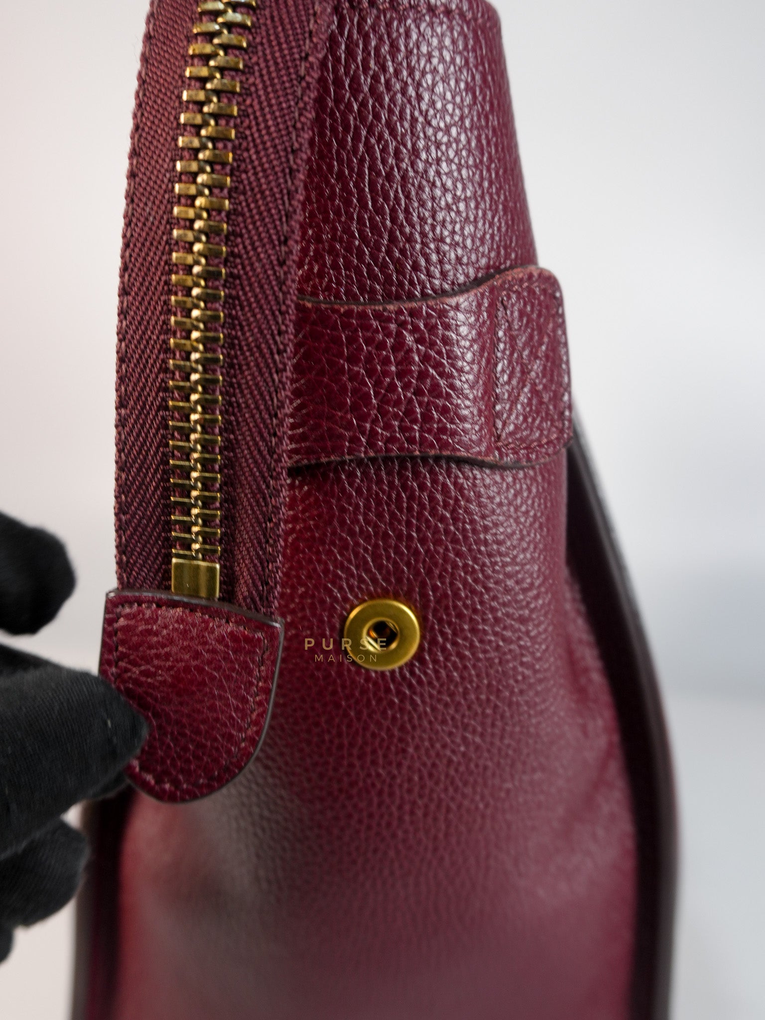 Micro Luggage Hand Bag in Maroon Drummed Calfskin Leather | Purse Maison Luxury Bags Shop