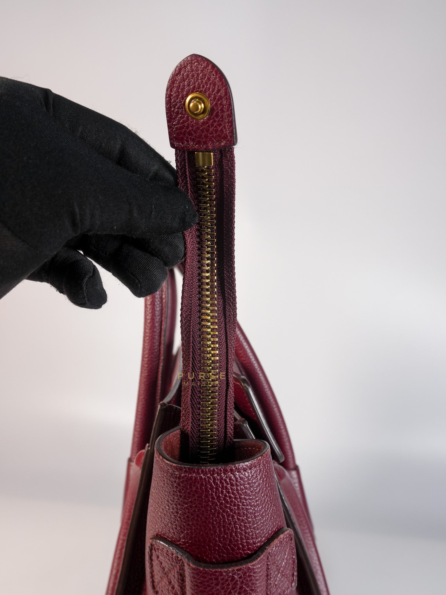 Micro Luggage Hand Bag in Maroon Drummed Calfskin Leather | Purse Maison Luxury Bags Shop
