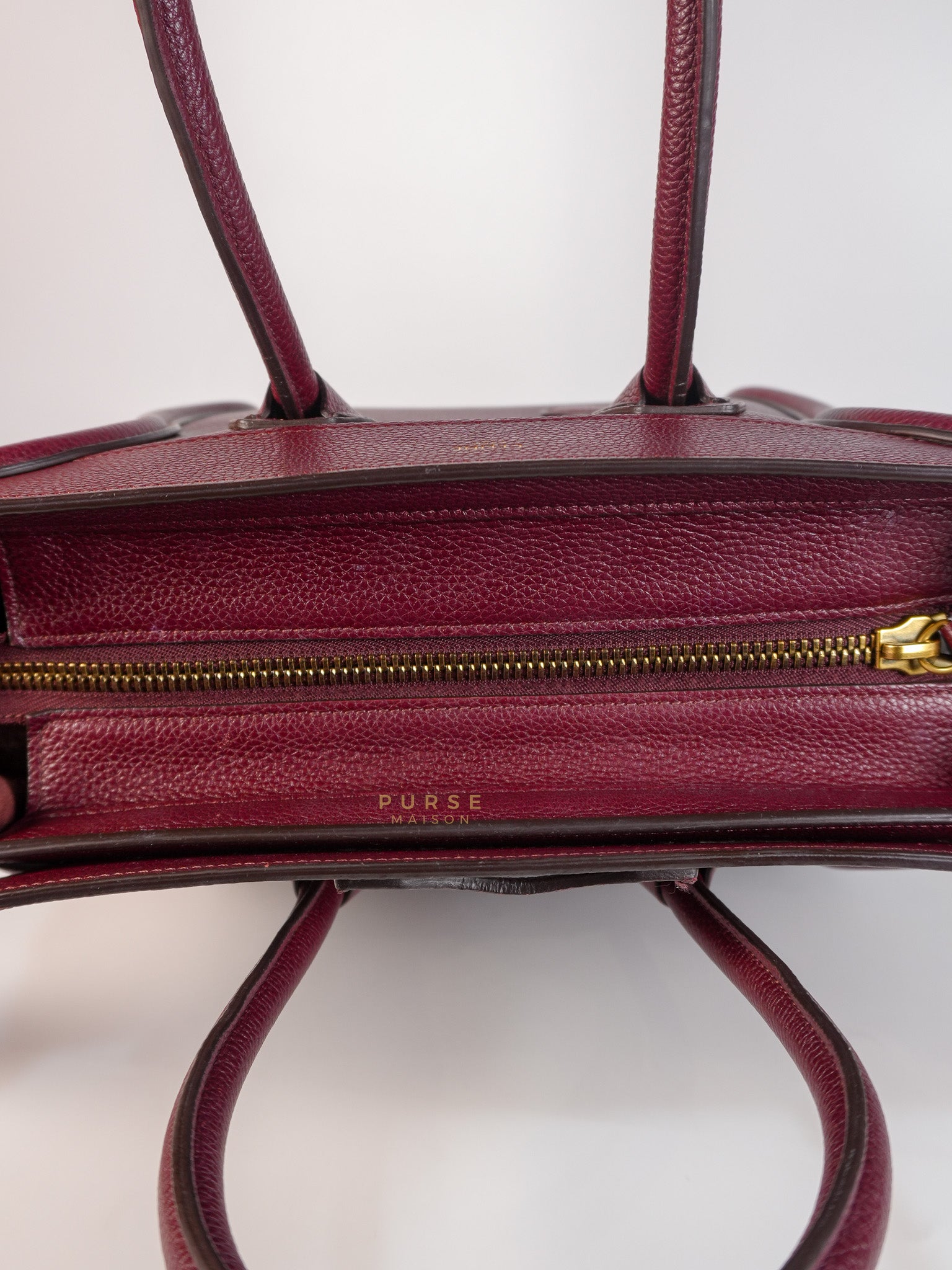 Micro Luggage Hand Bag in Maroon Drummed Calfskin Leather | Purse Maison Luxury Bags Shop