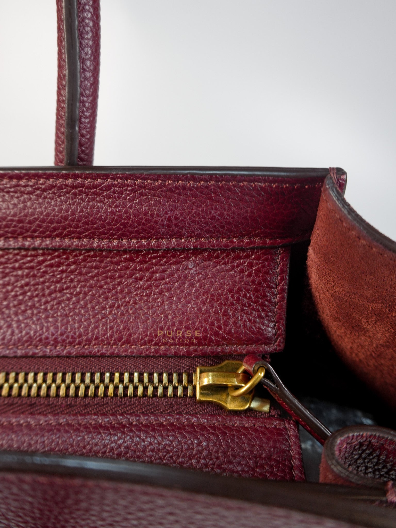 Micro Luggage Hand Bag in Maroon Drummed Calfskin Leather | Purse Maison Luxury Bags Shop