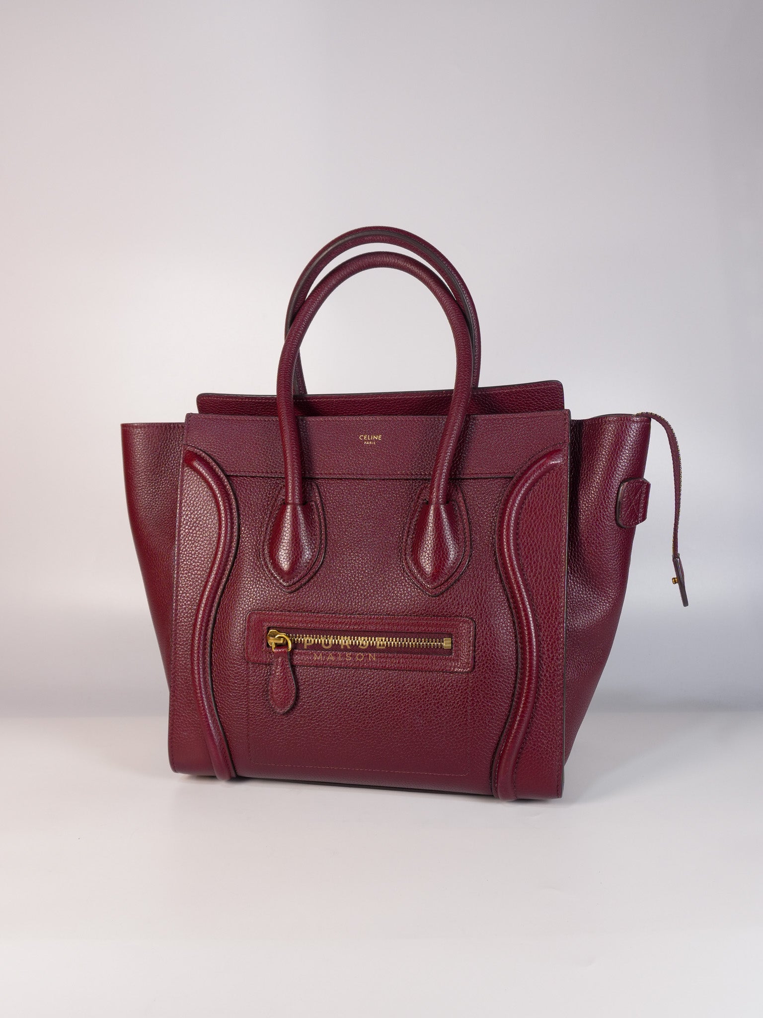 Micro Luggage Hand Bag in Maroon Drummed Calfskin Leather | Purse Maison Luxury Bags Shop
